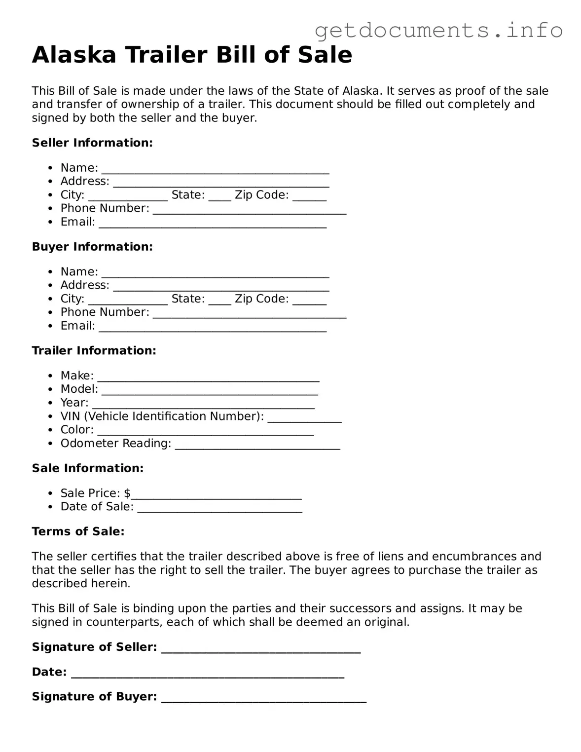 Free Trailer Bill of Sale Template for Alaska