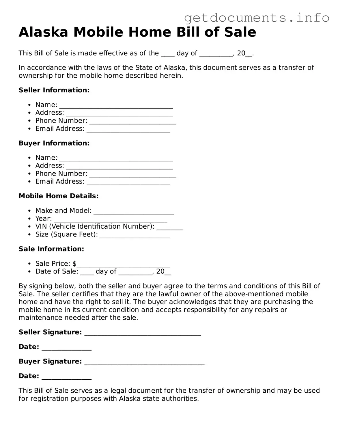 Free Mobile Home Bill of Sale Template for Alaska