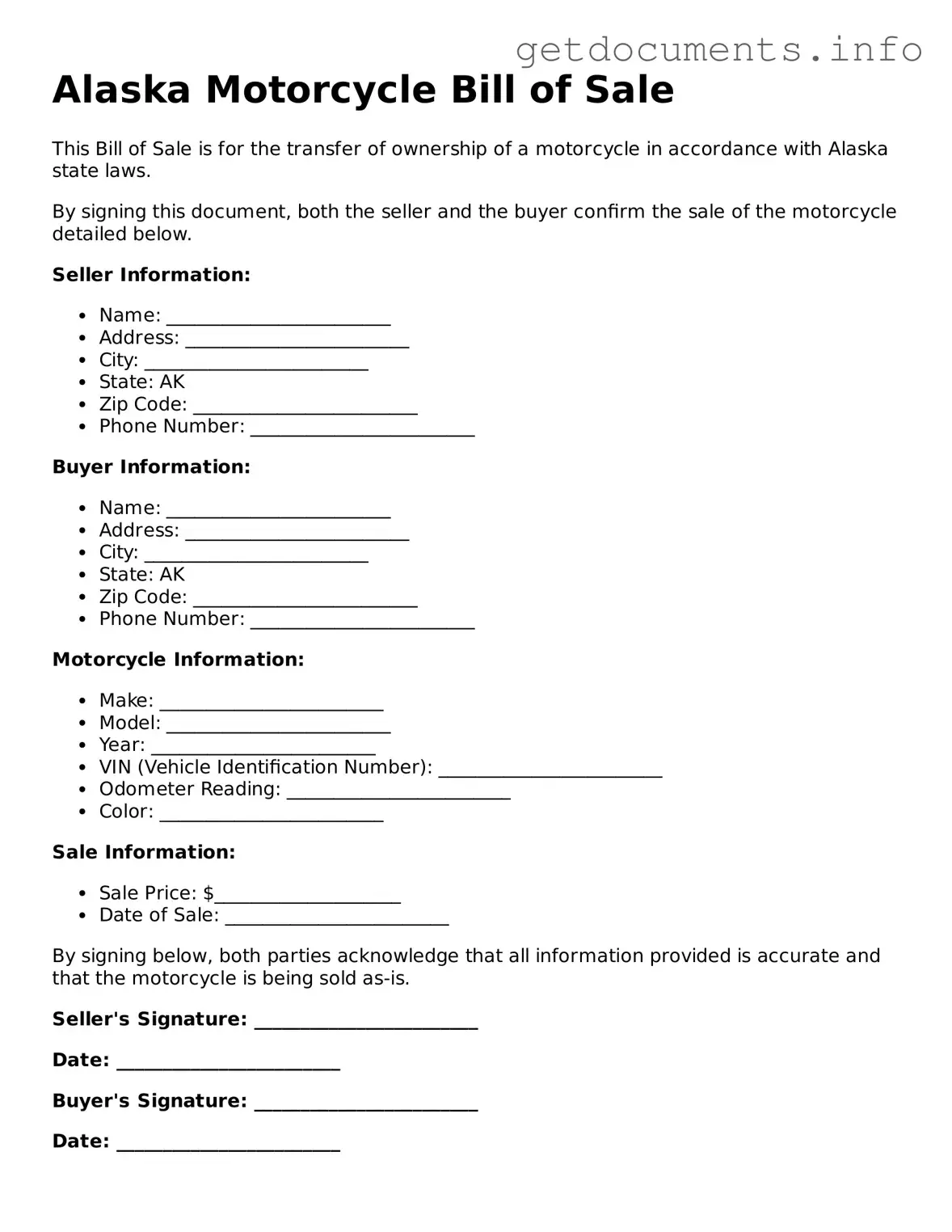 Free Motorcycle Bill of Sale Template for Alaska