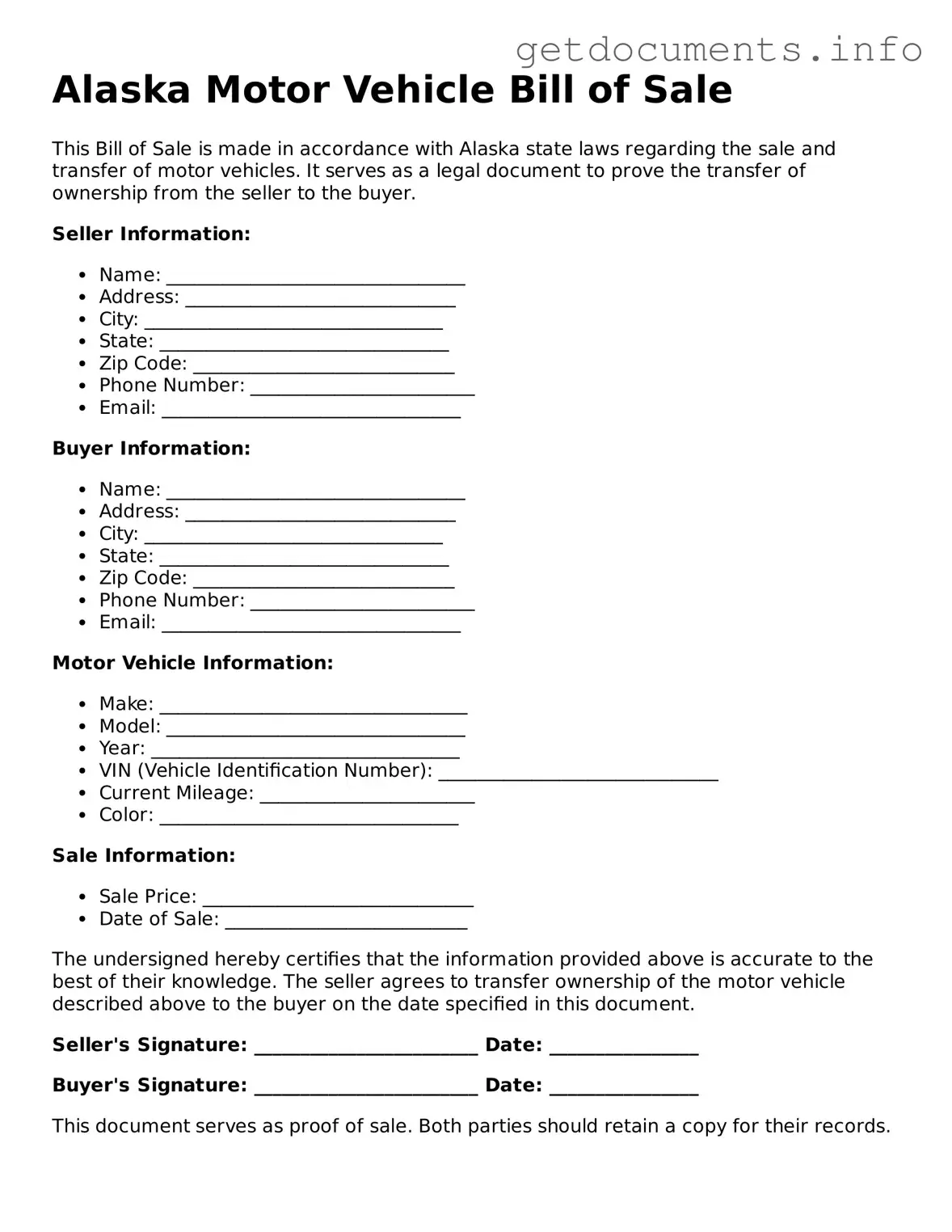 Free Motor Vehicle Bill of Sale Template for Alaska