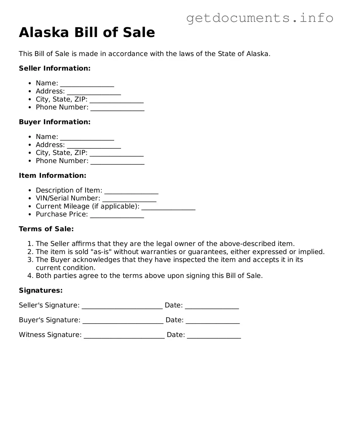 Free  Bill of Sale Template for Alaska