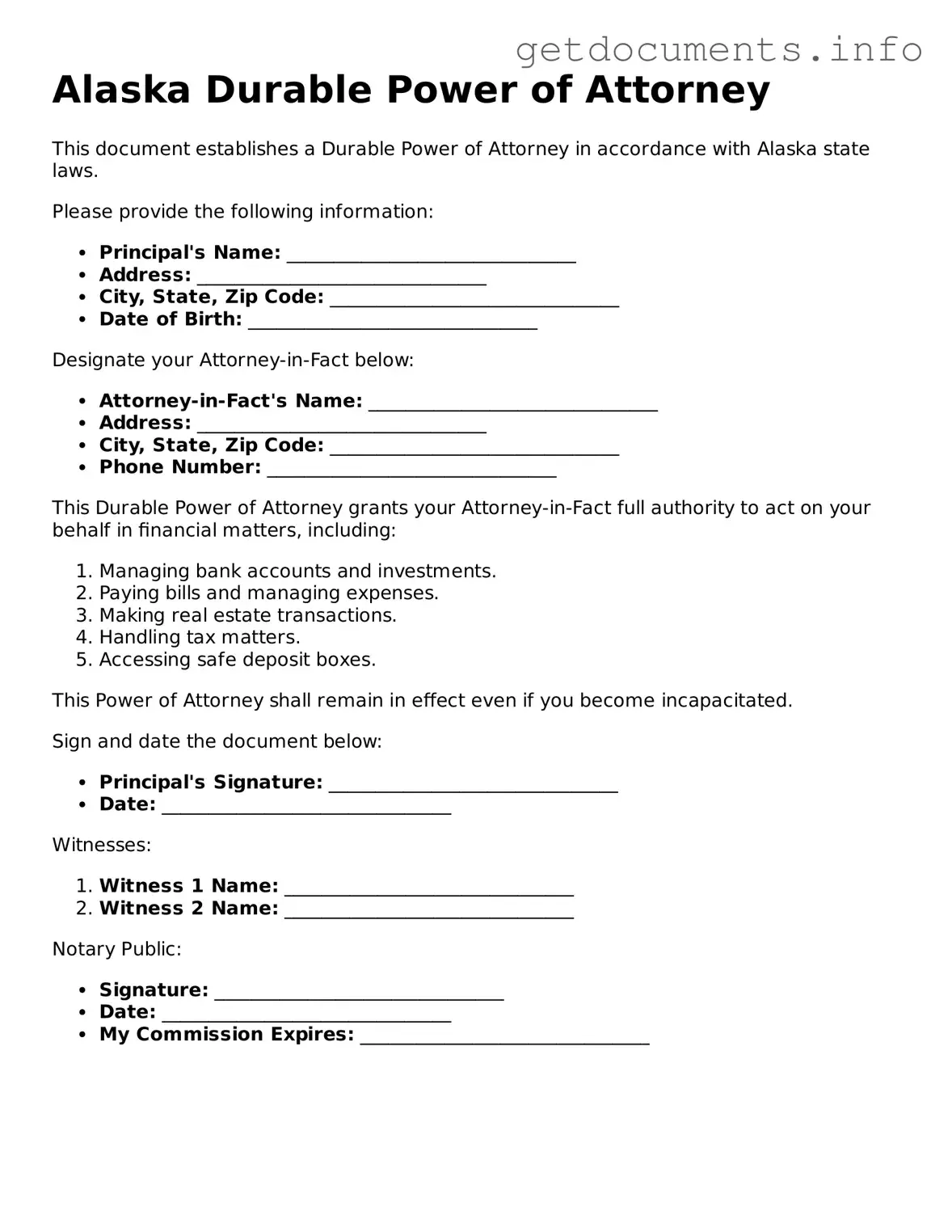 Free  Durable Power of Attorney Template for Alaska