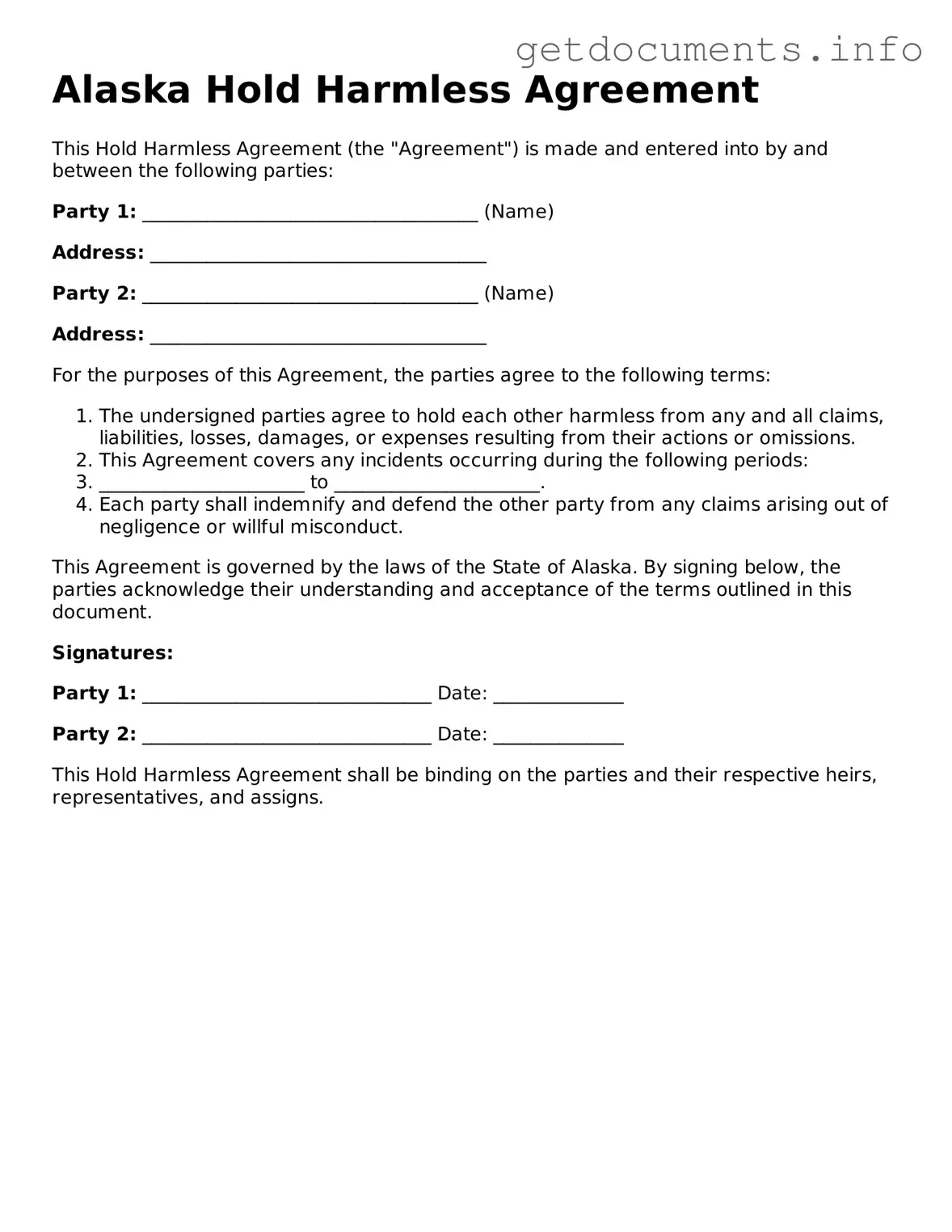 Free  Hold Harmless Agreement Template for Alaska