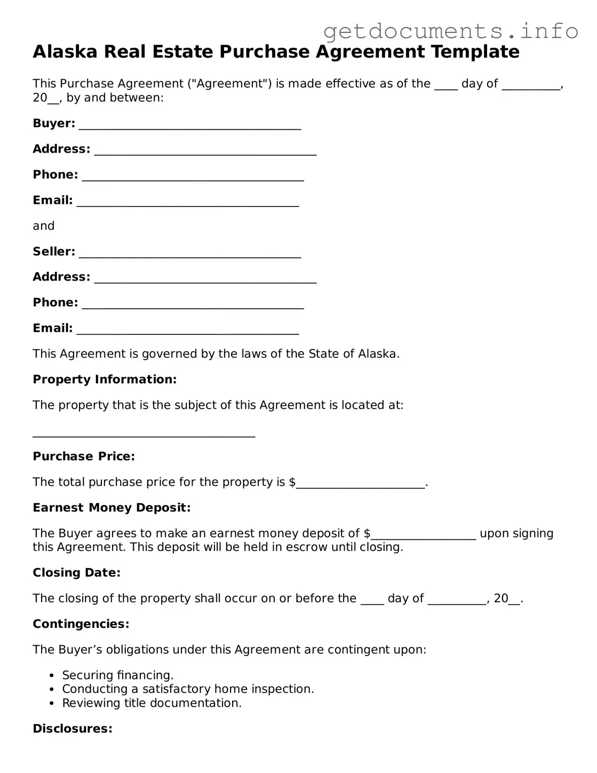 Free Real Estate Purchase Agreement Template for Alaska
