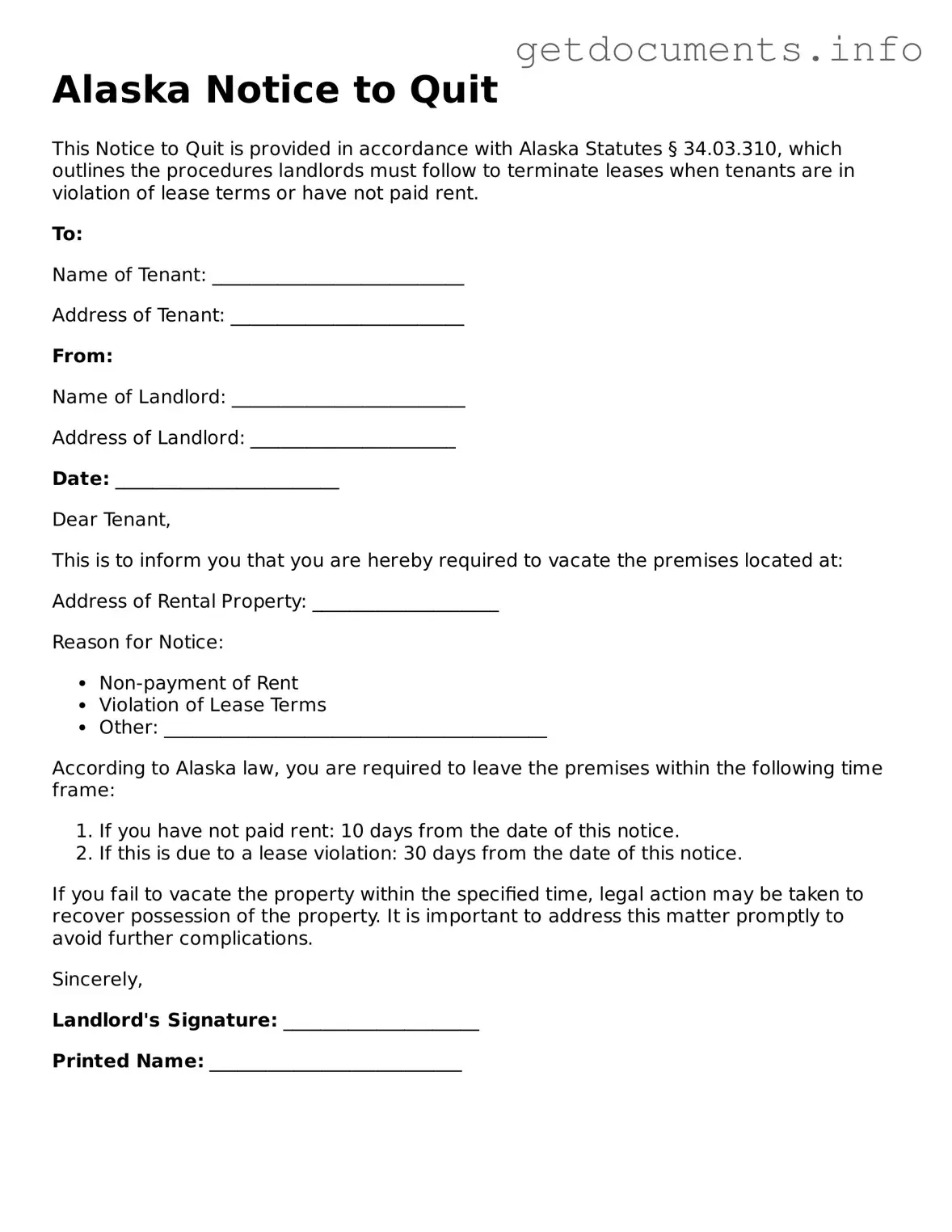 Free Notice to Quit Template for Alaska