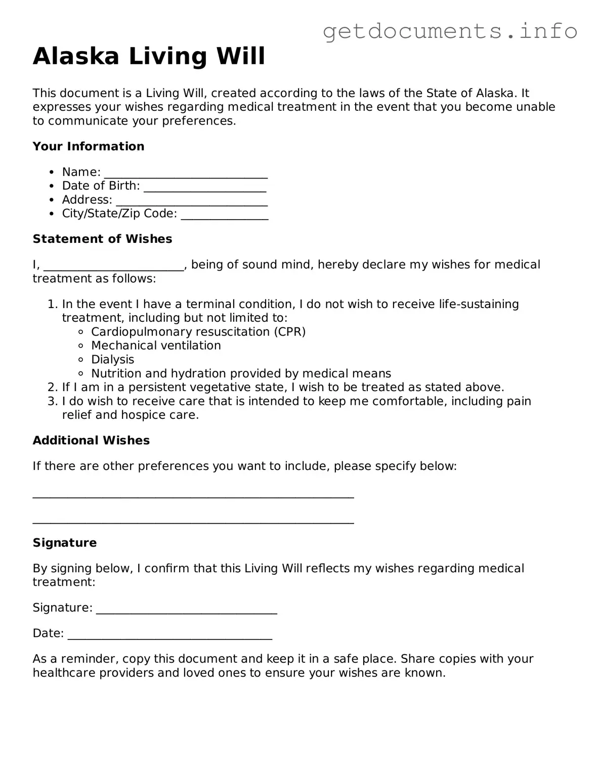 Free Living Will Template for Alaska