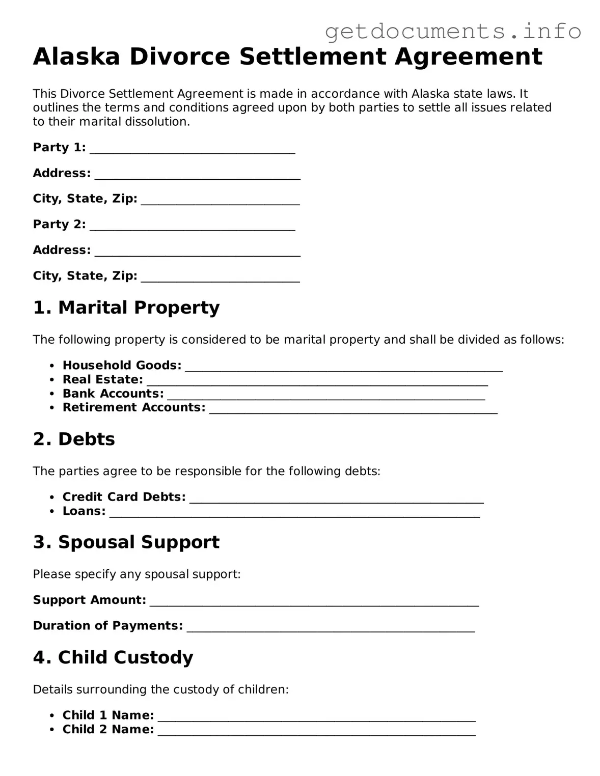 Free Divorce Settlement Agreement Template for Alaska