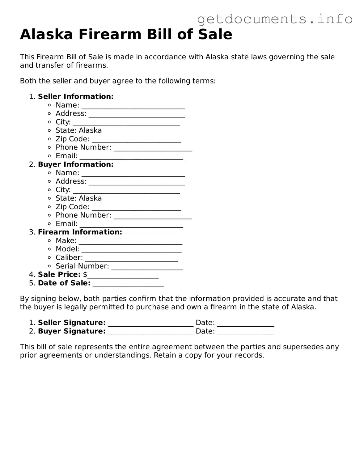 Free  Firearm Bill of Sale Template for Alaska