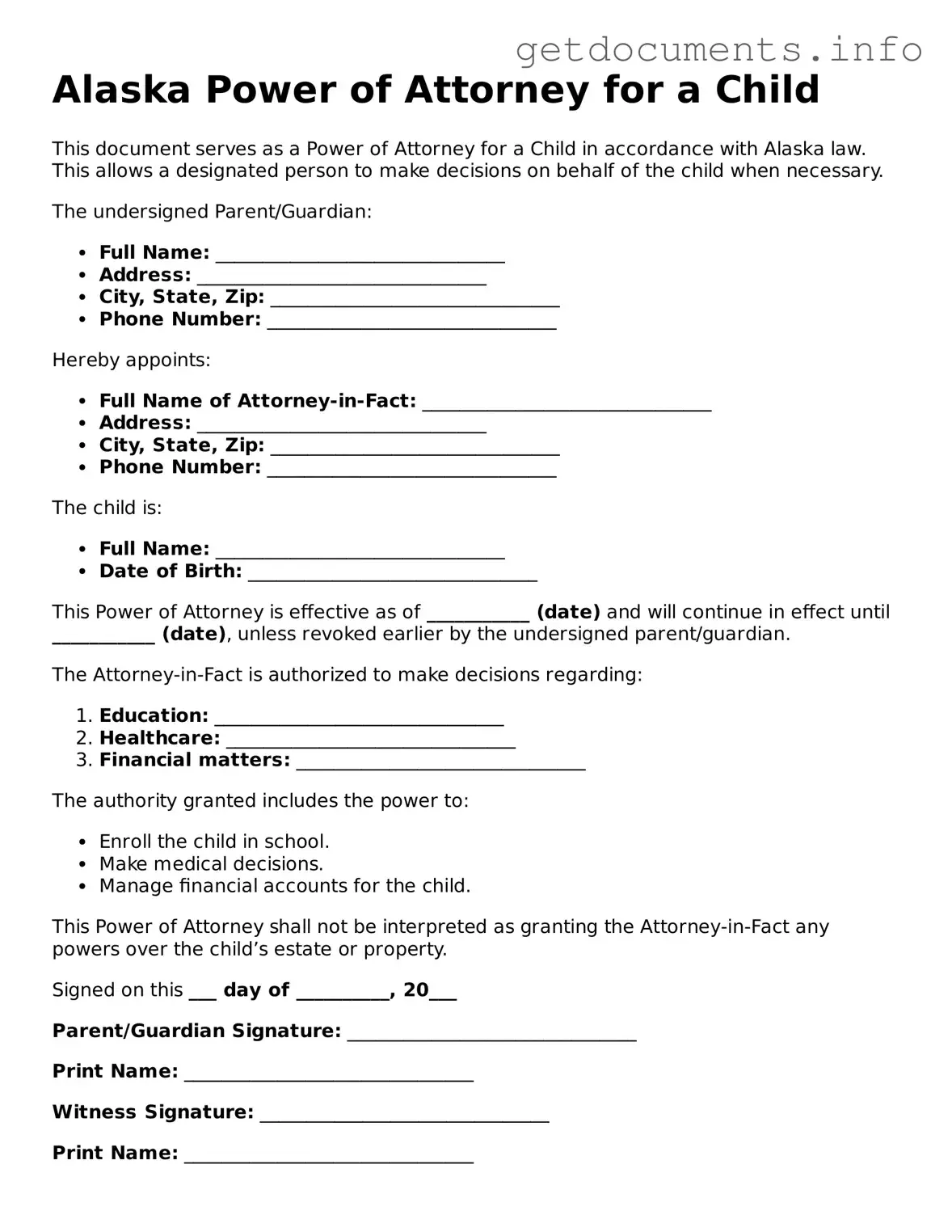 Free  Power of Attorney for a Child Template for Alaska