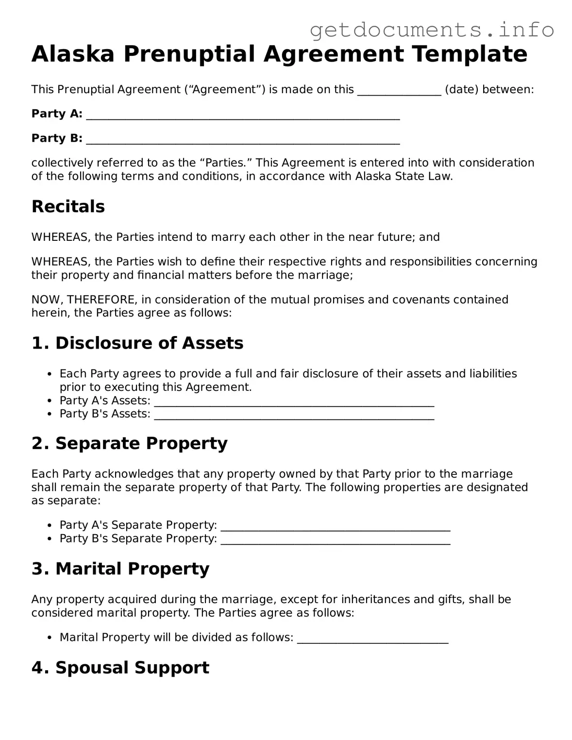 Free  Prenuptial Agreement Template for Alaska