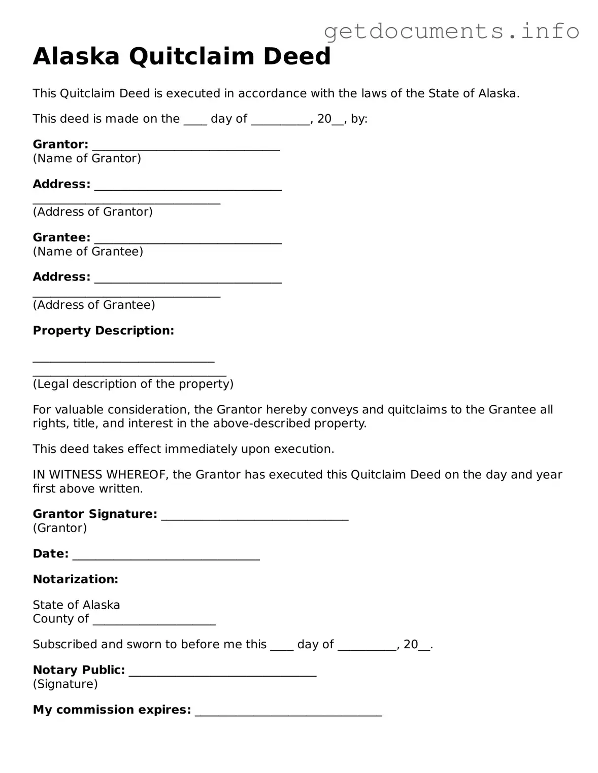Free  Quitclaim Deed Template for Alaska