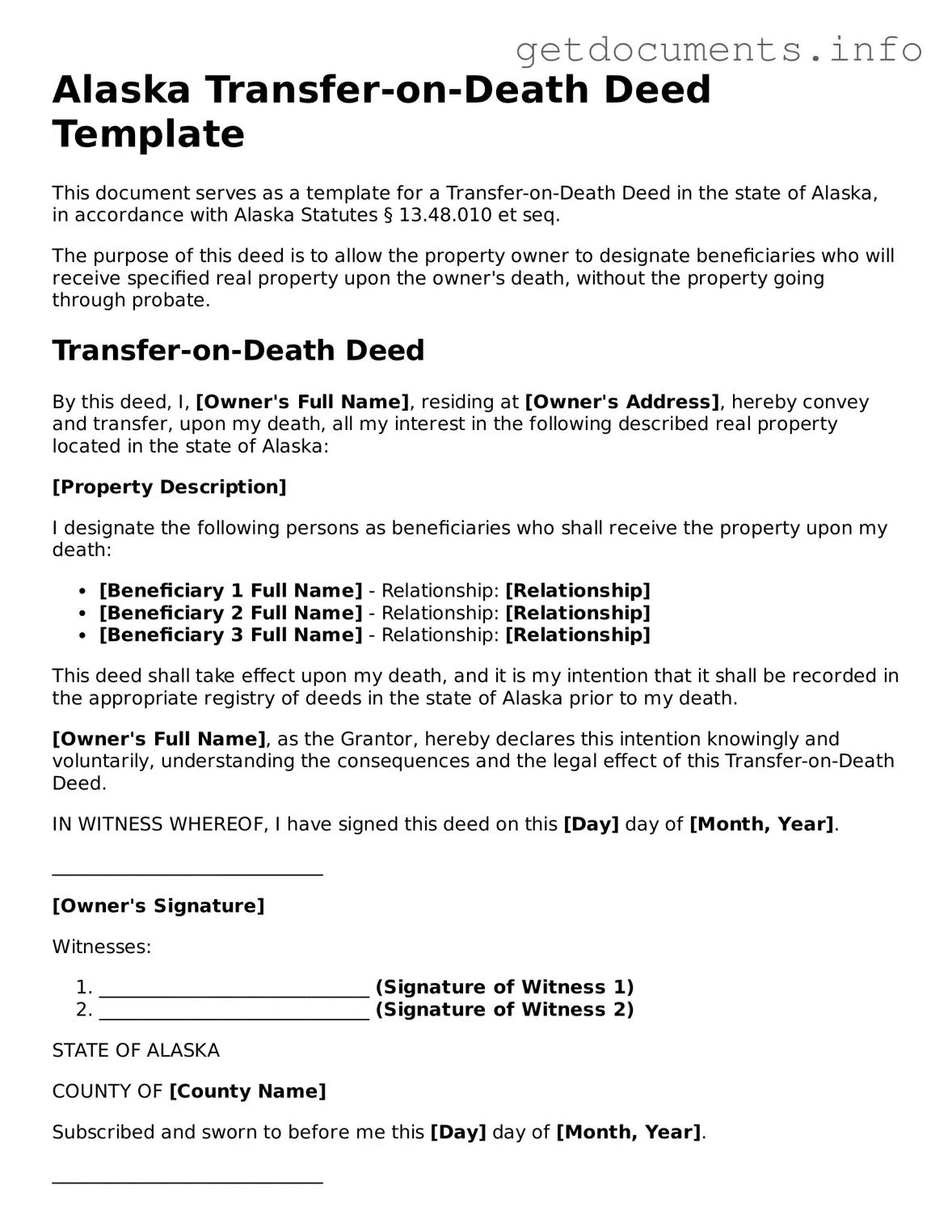 Free  Transfer-on-Death Deed Template for Alaska