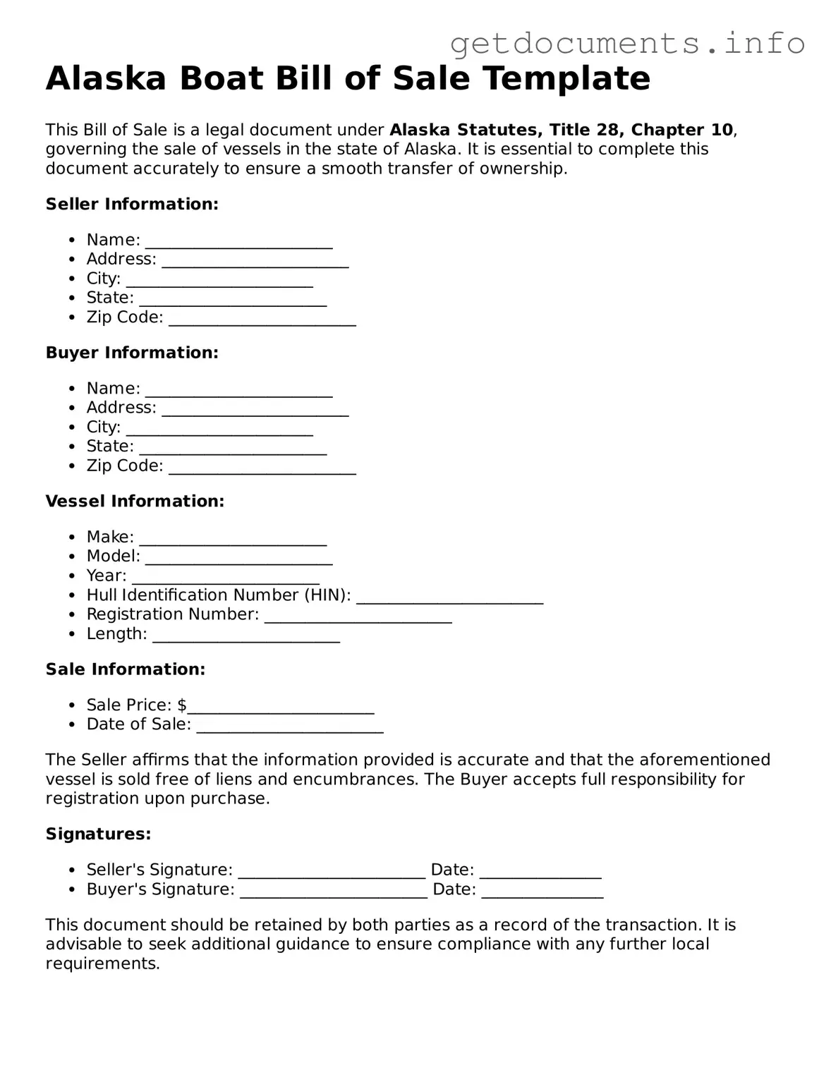 Free  Boat Bill of Sale Template for Alaska