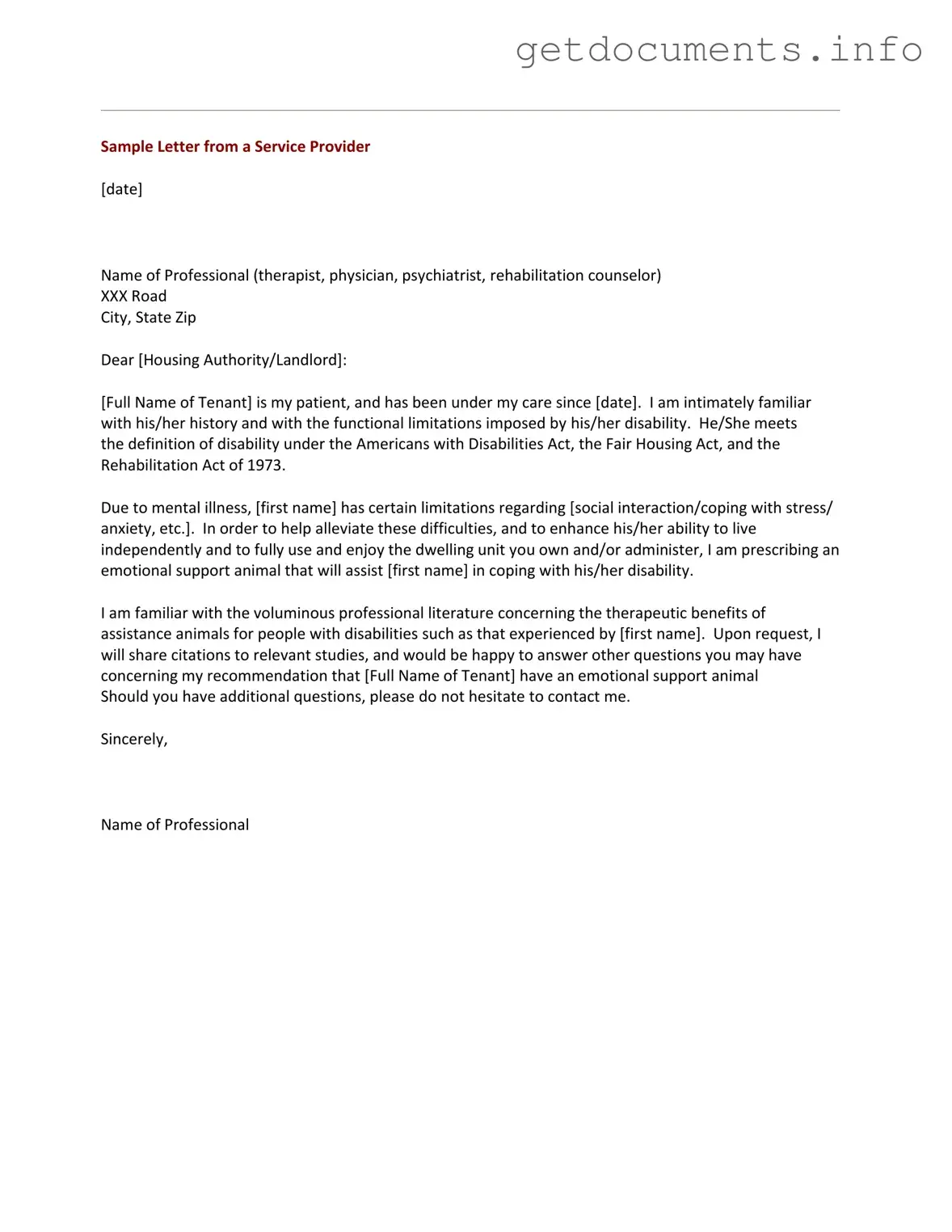 Official Emotional Support Animal Letter Form