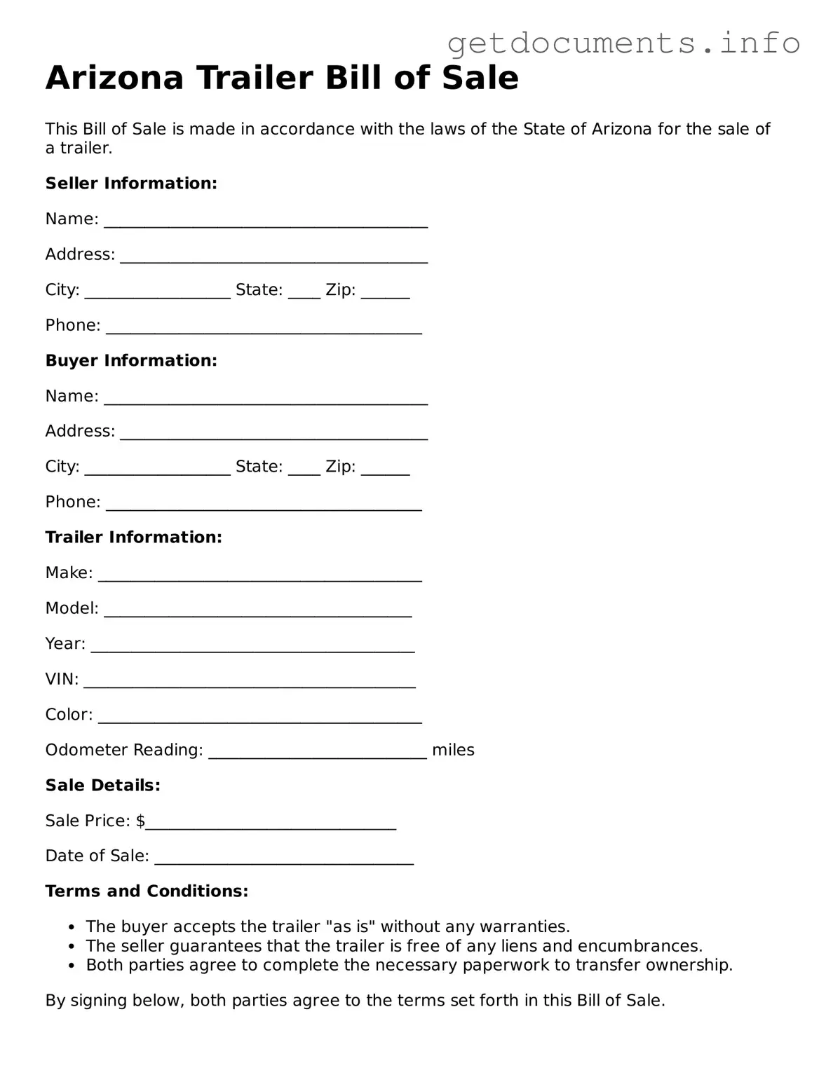 Free Trailer Bill of Sale Template for Arizona