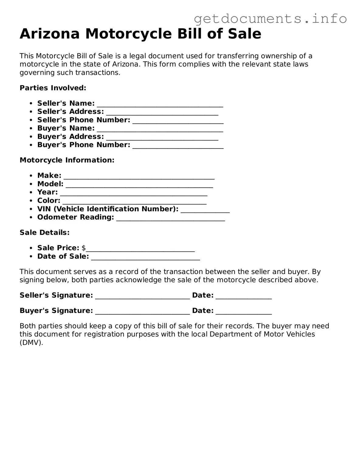 Free Motorcycle Bill of Sale Template for Arizona