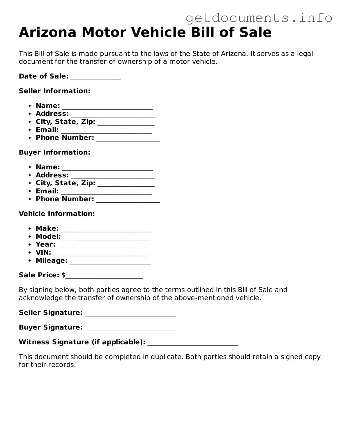 Free  Motor Vehicle Bill of Sale Template for Arizona