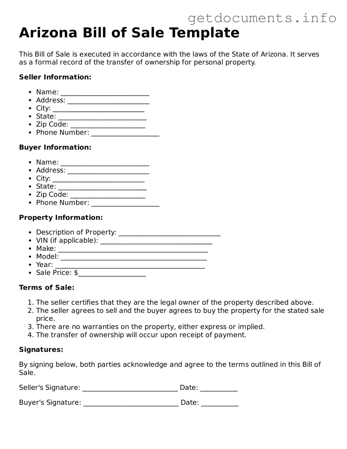 Free  Bill of Sale Template for Arizona