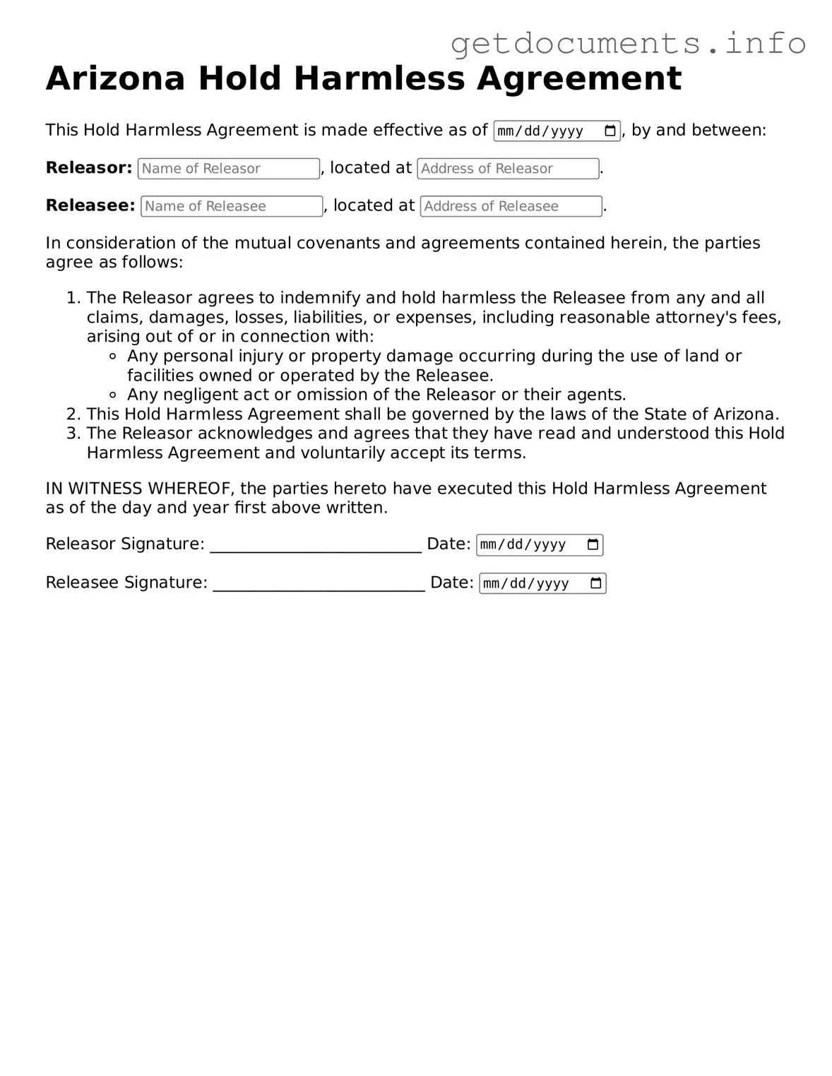 Free  Hold Harmless Agreement Template for Arizona