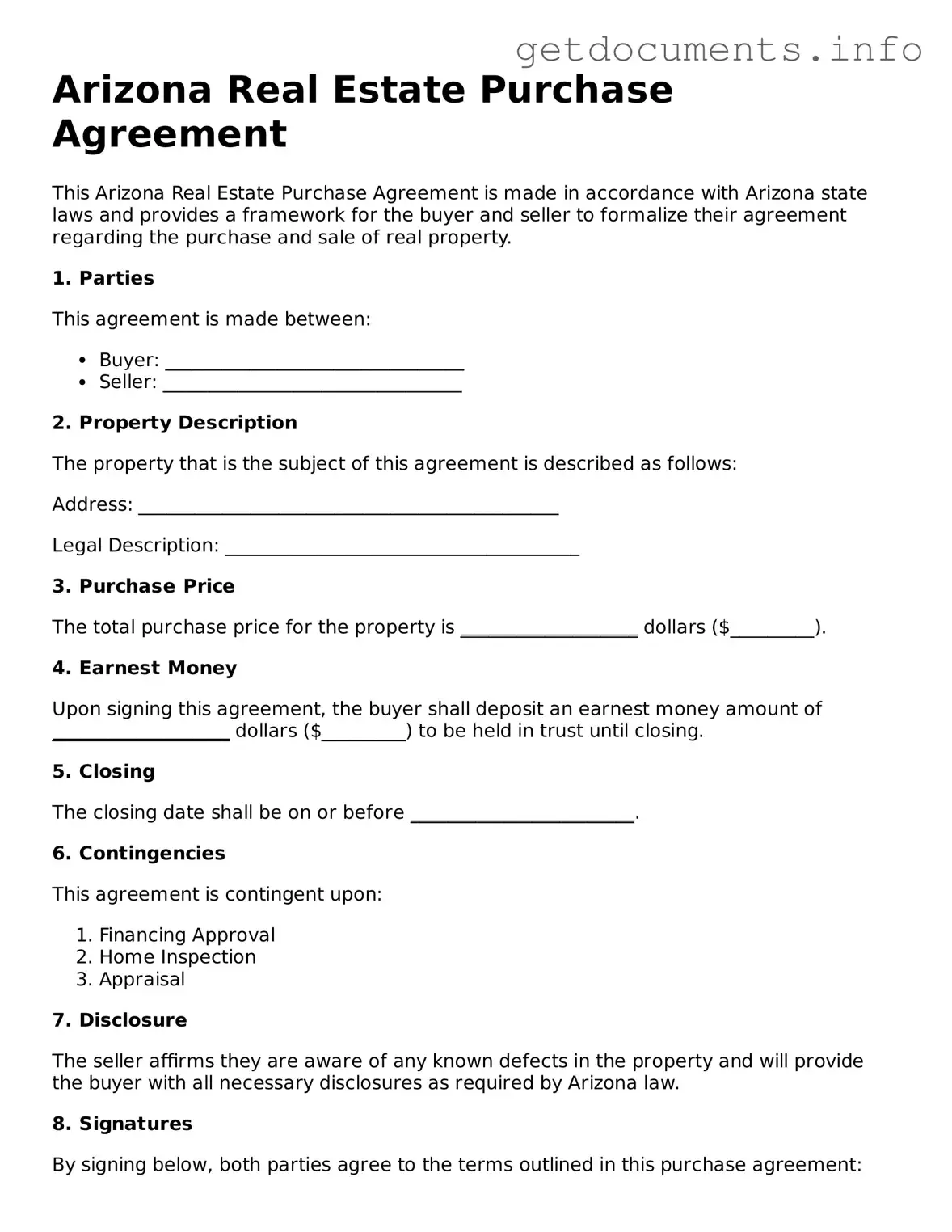 Free Real Estate Purchase Agreement Template for Arizona