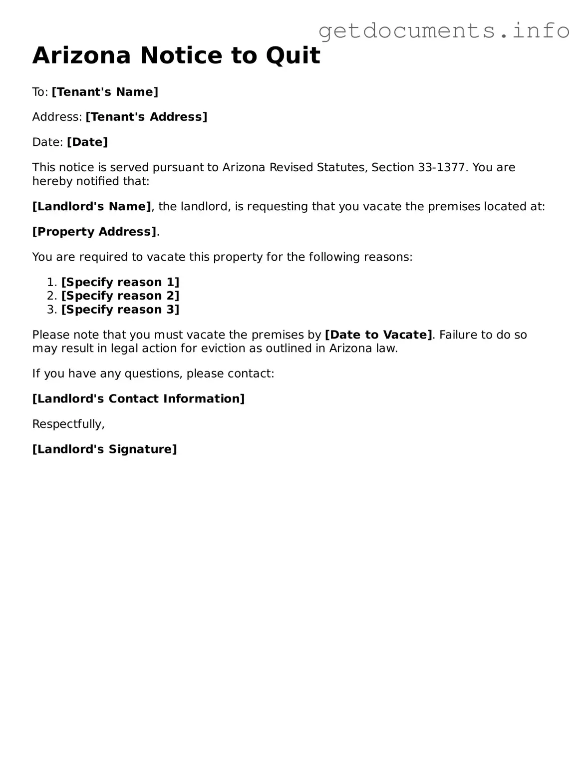 Free Notice to Quit Template for Arizona
