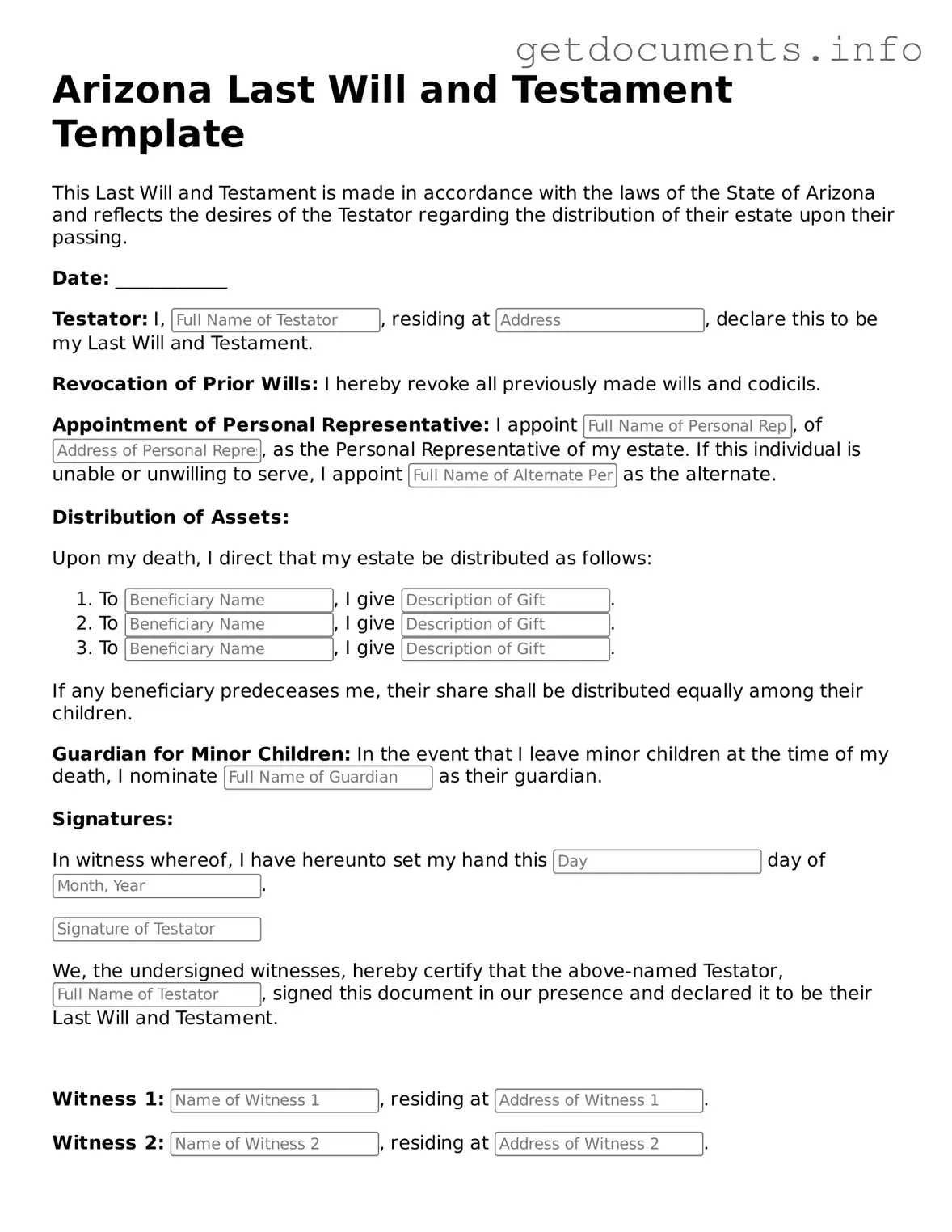 Free Last Will and Testament Template for Arizona