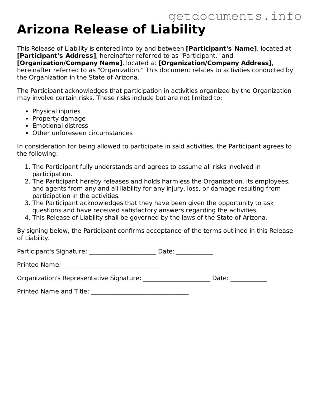 Free Release of Liability Template for Arizona