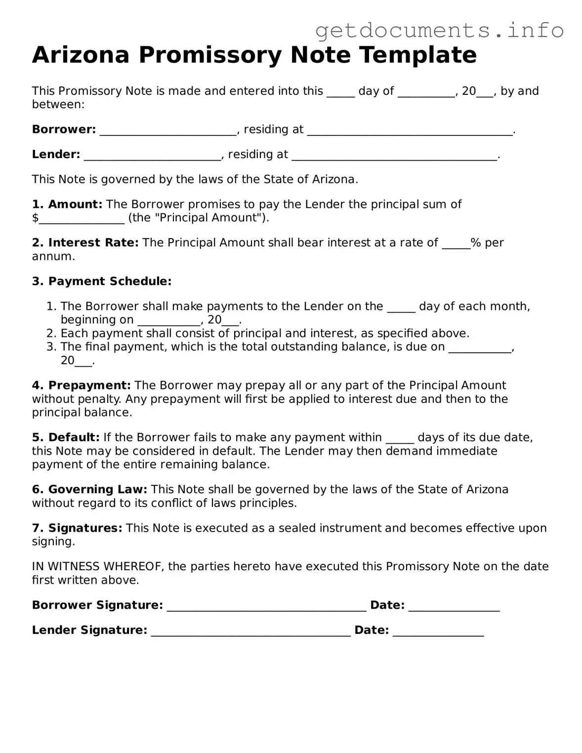 Free Promissory Note Template for Arizona