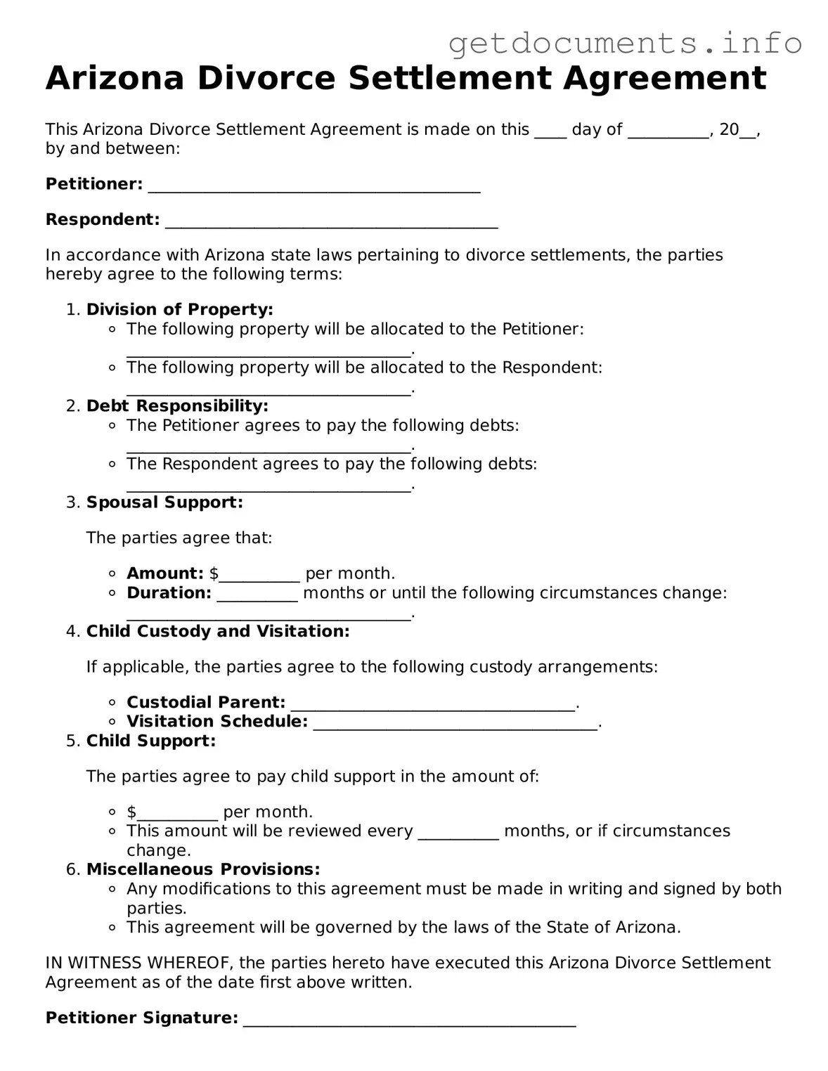 Free Divorce Settlement Agreement Template for Arizona