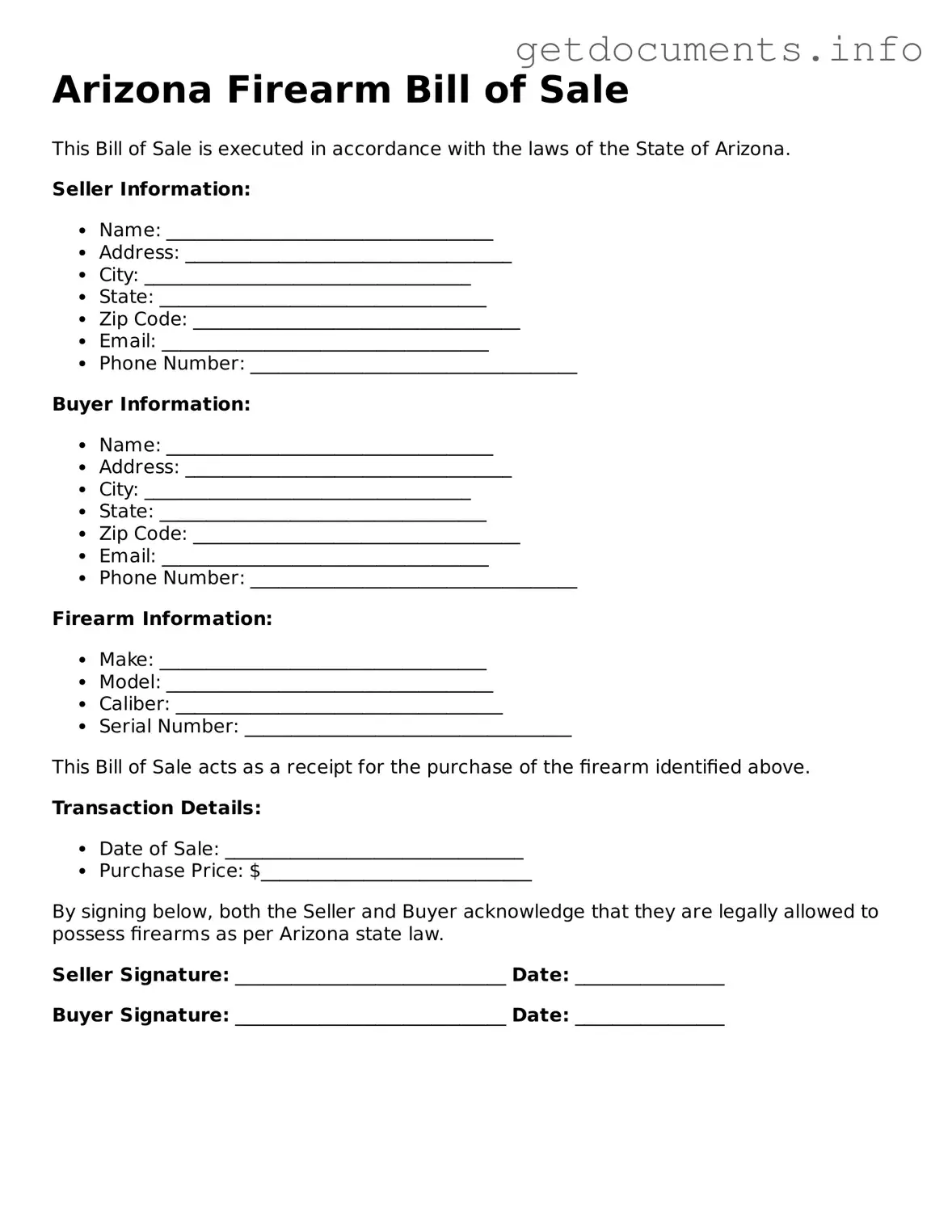 Free Firearm Bill of Sale Template for Arizona
