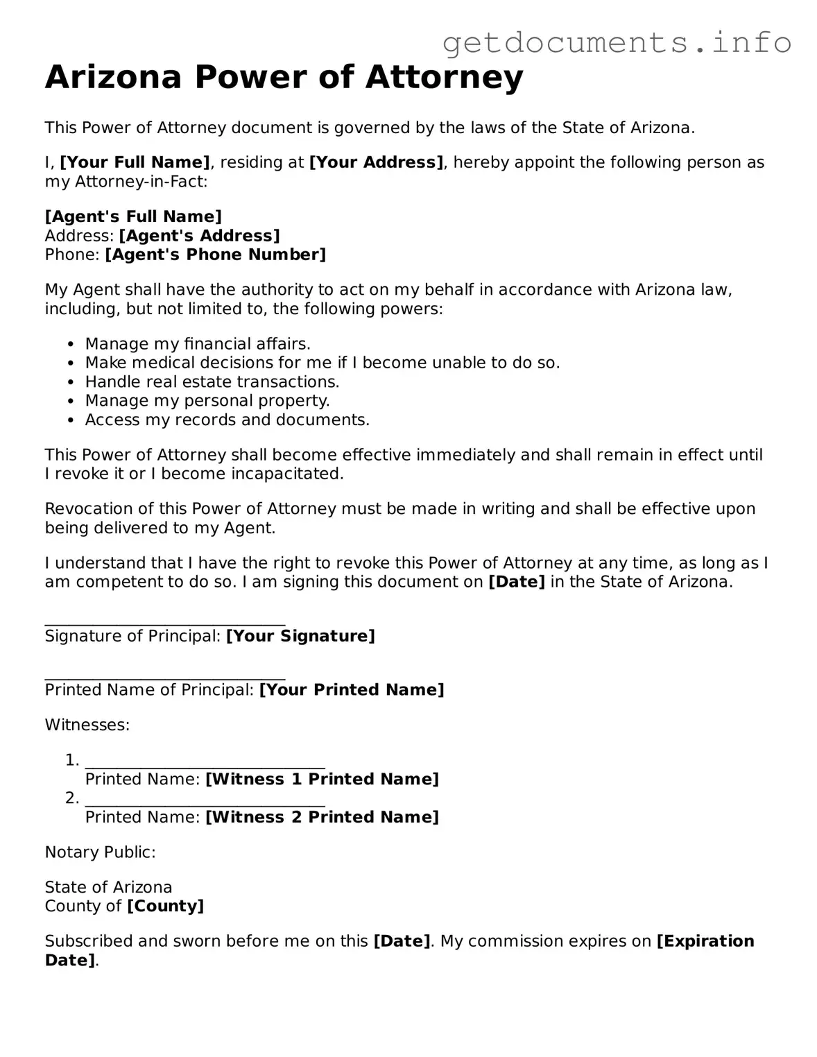 Free  Power of Attorney Template for Arizona
