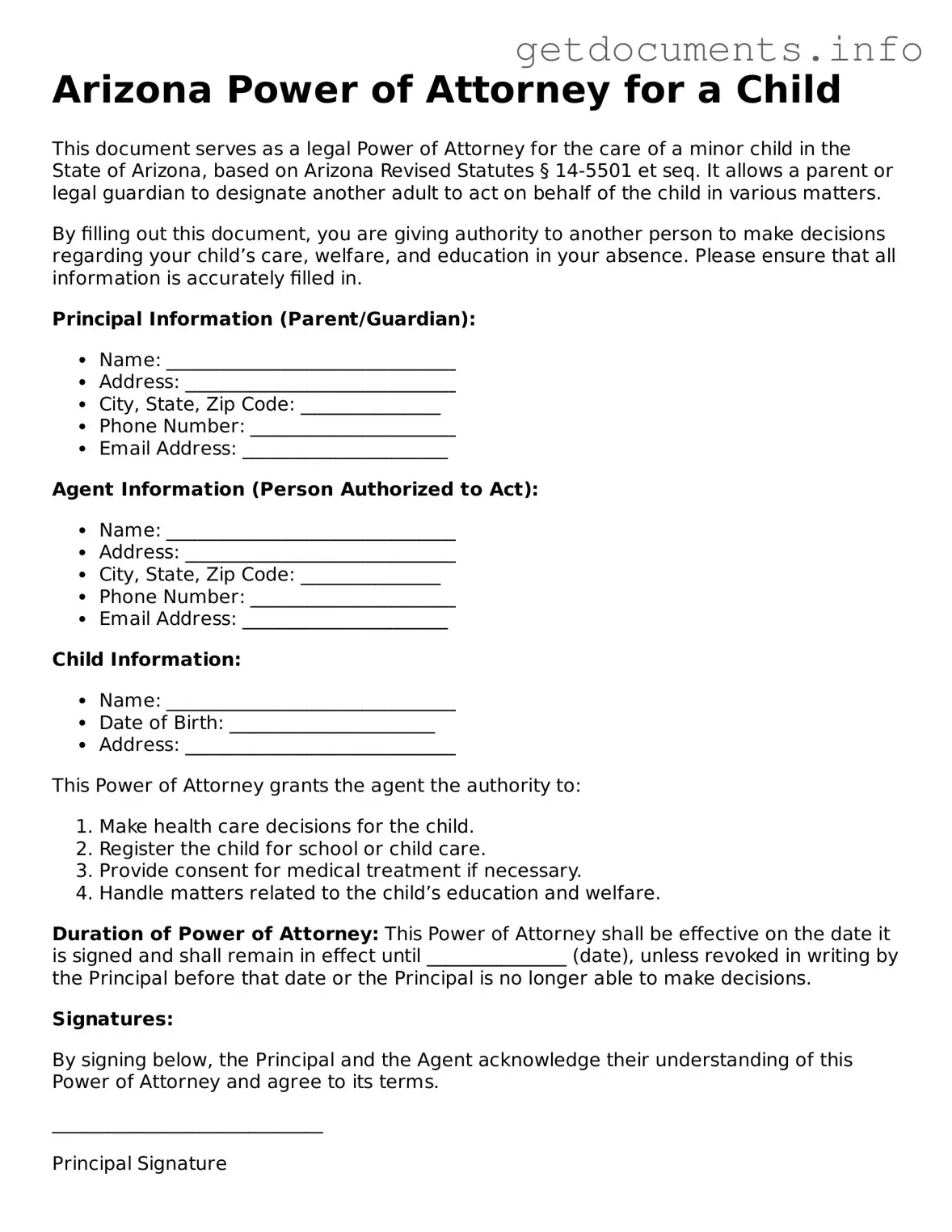 Free Power of Attorney for a Child Template for Arizona