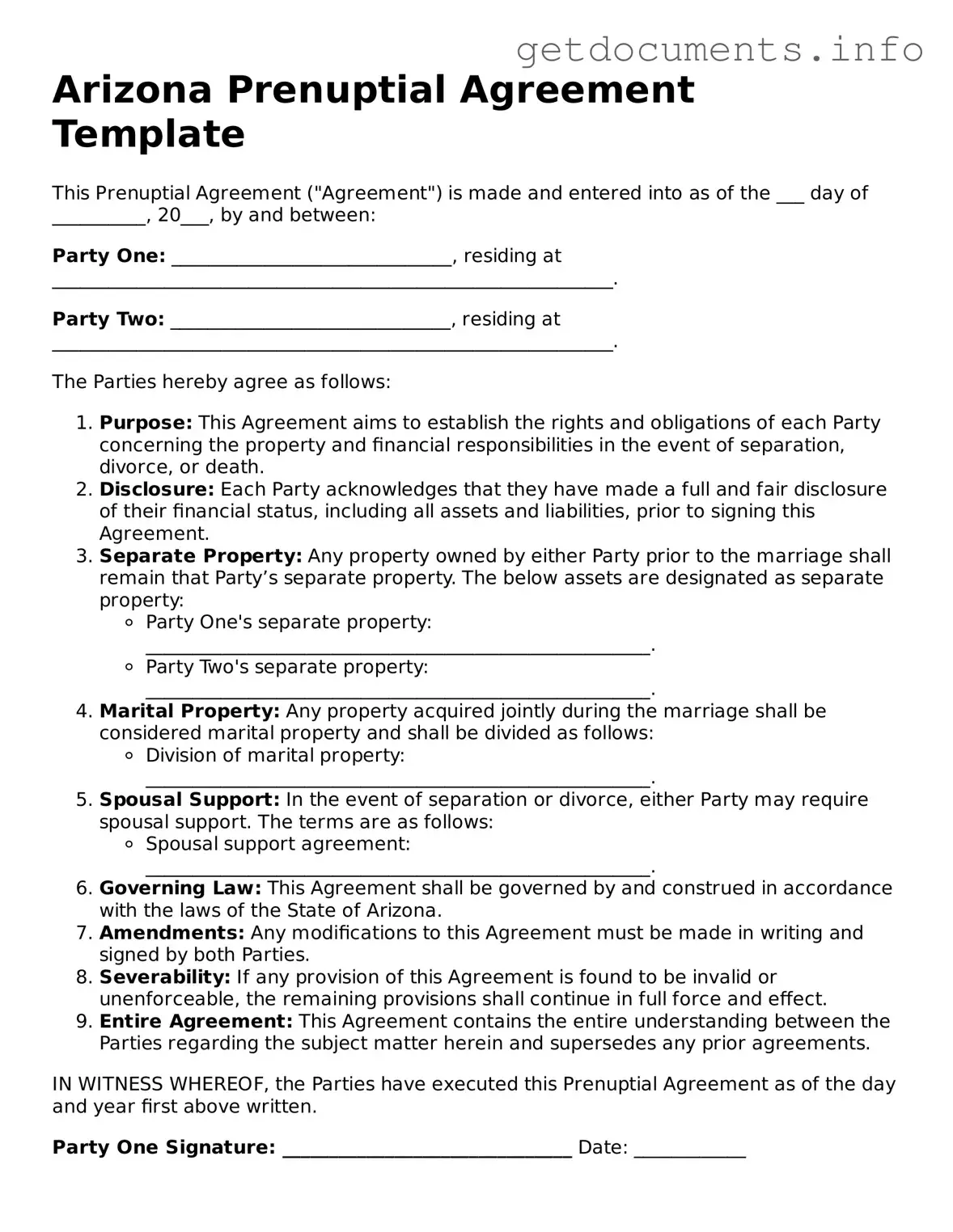 Free  Prenuptial Agreement Template for Arizona
