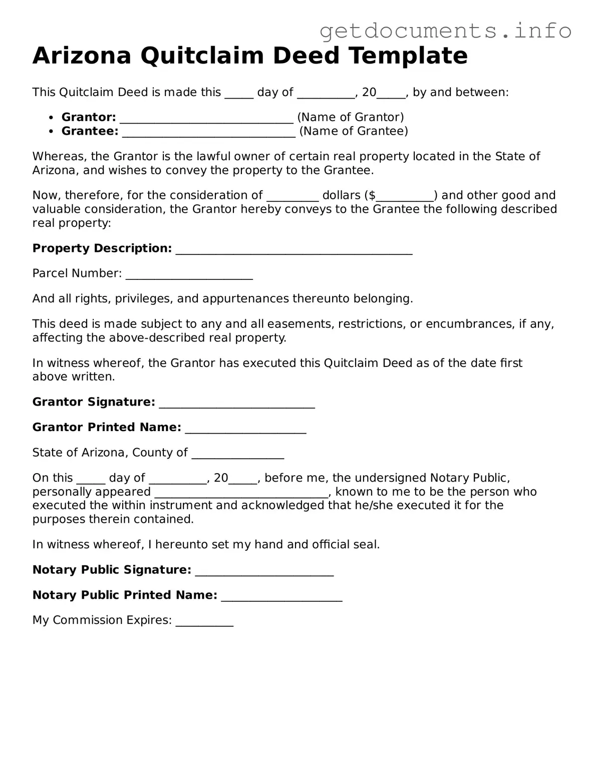 Free Quitclaim Deed Template for Arizona