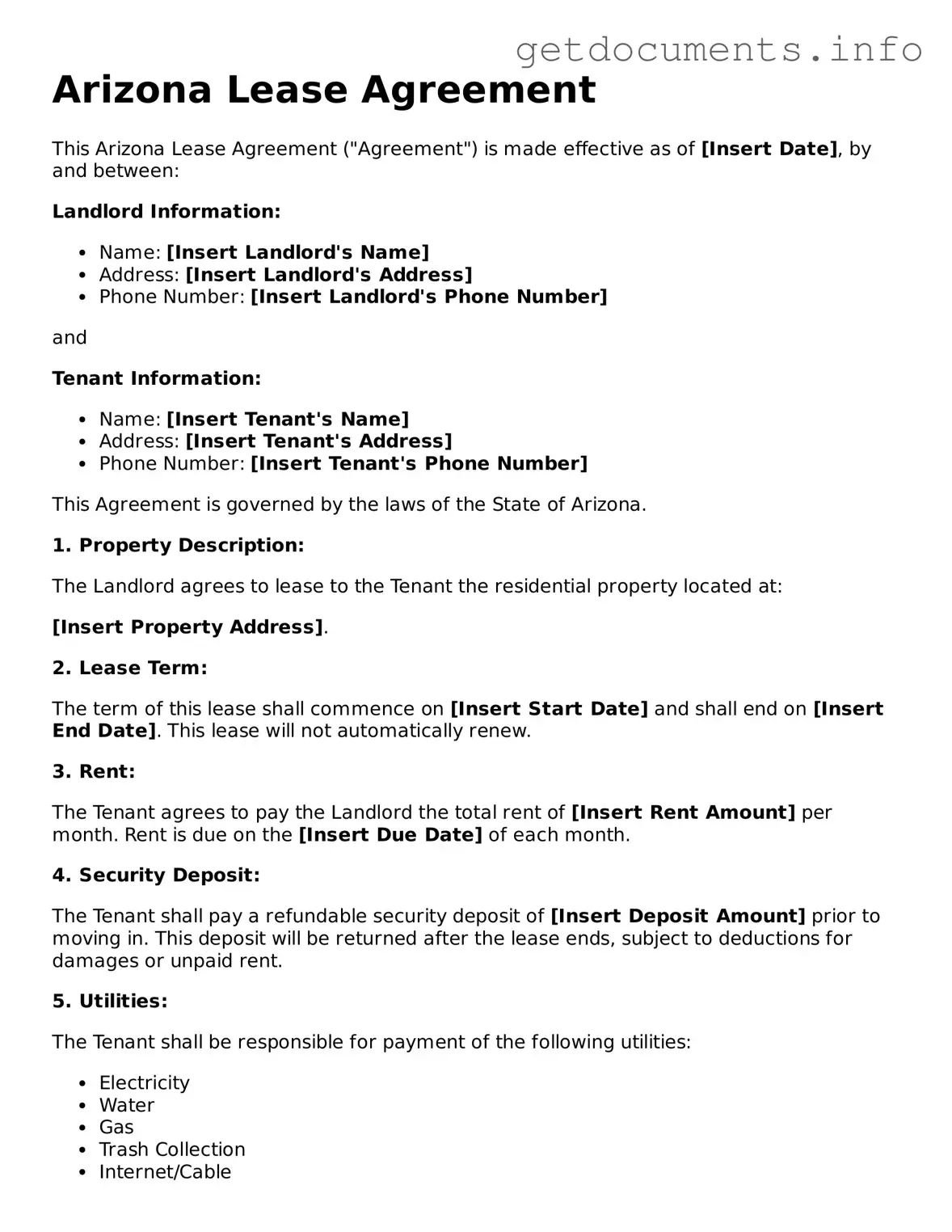 Free Lease Agreement Template for Arizona