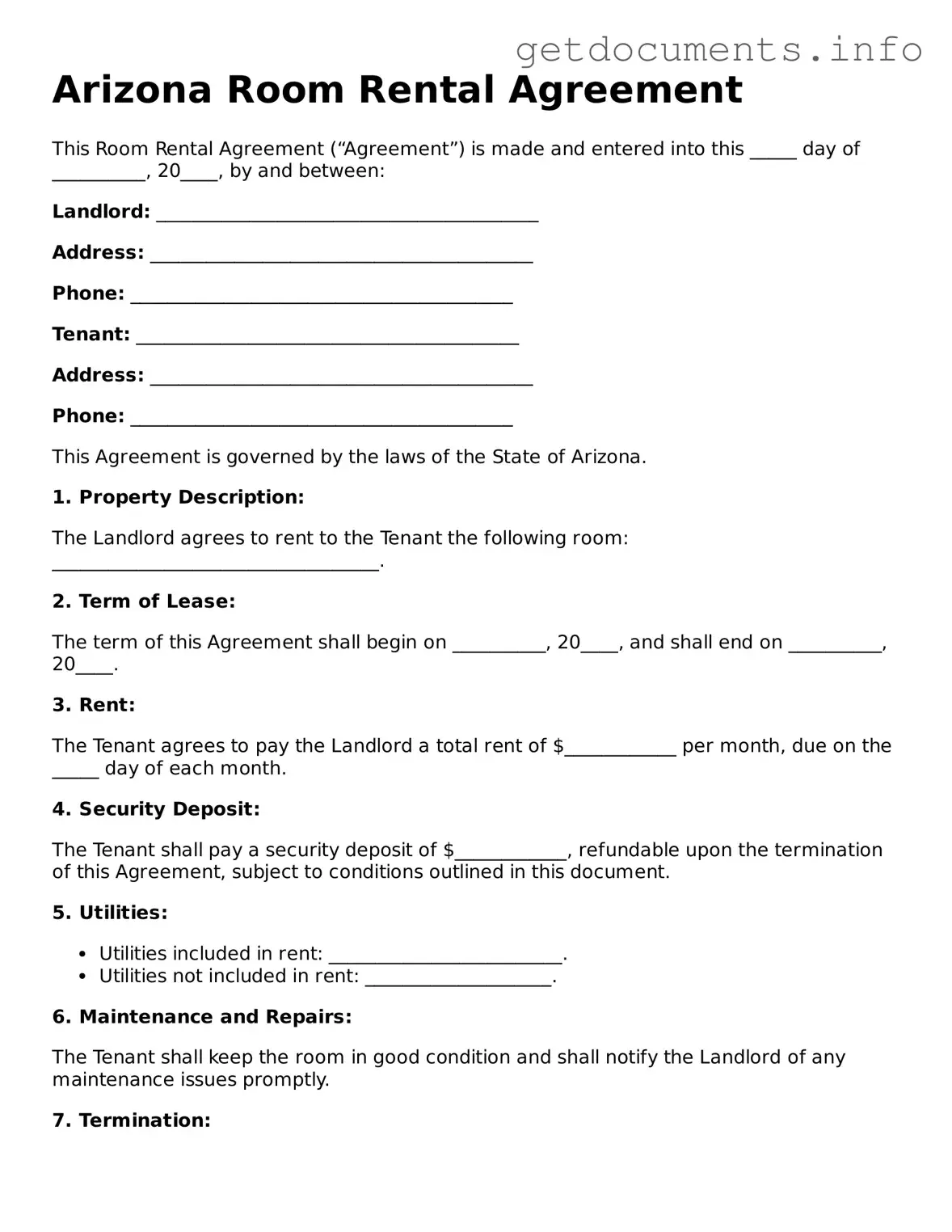 Free Room Rental Agreement Template for Arizona