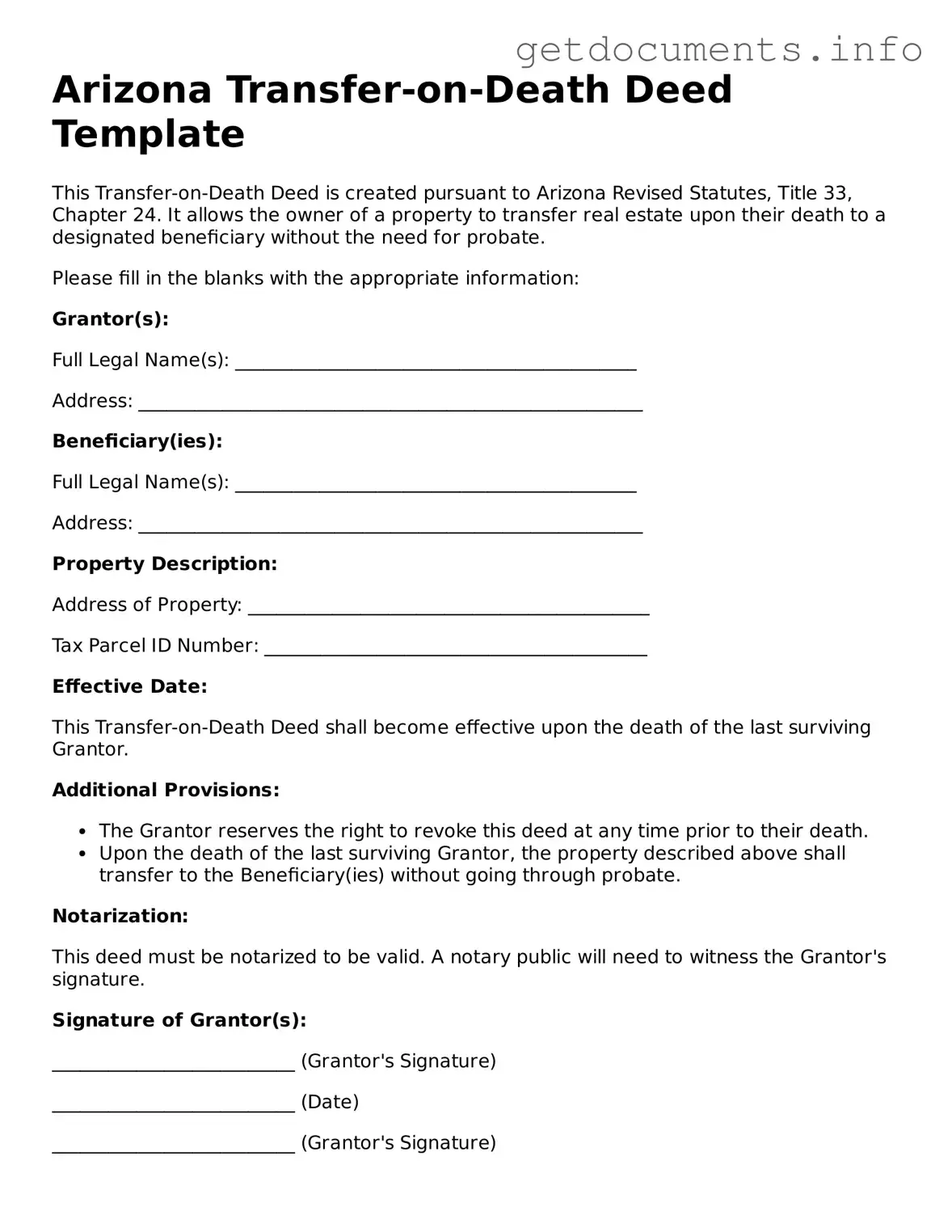Free Transfer-on-Death Deed Template for Arizona