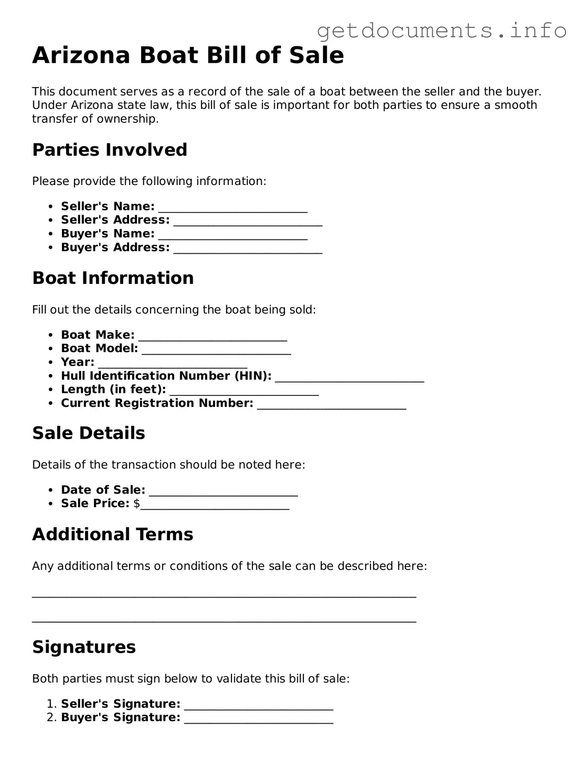 Free Boat Bill of Sale Template for Arizona