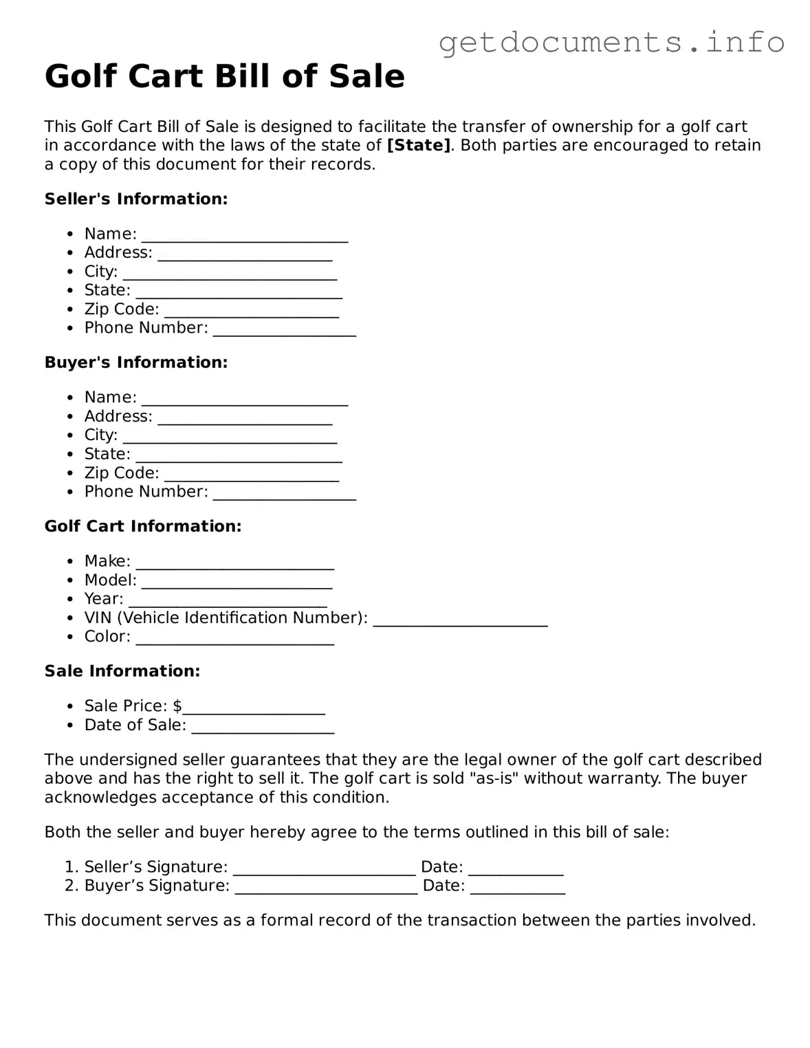 Printable Golf Cart Bill of Sale Document