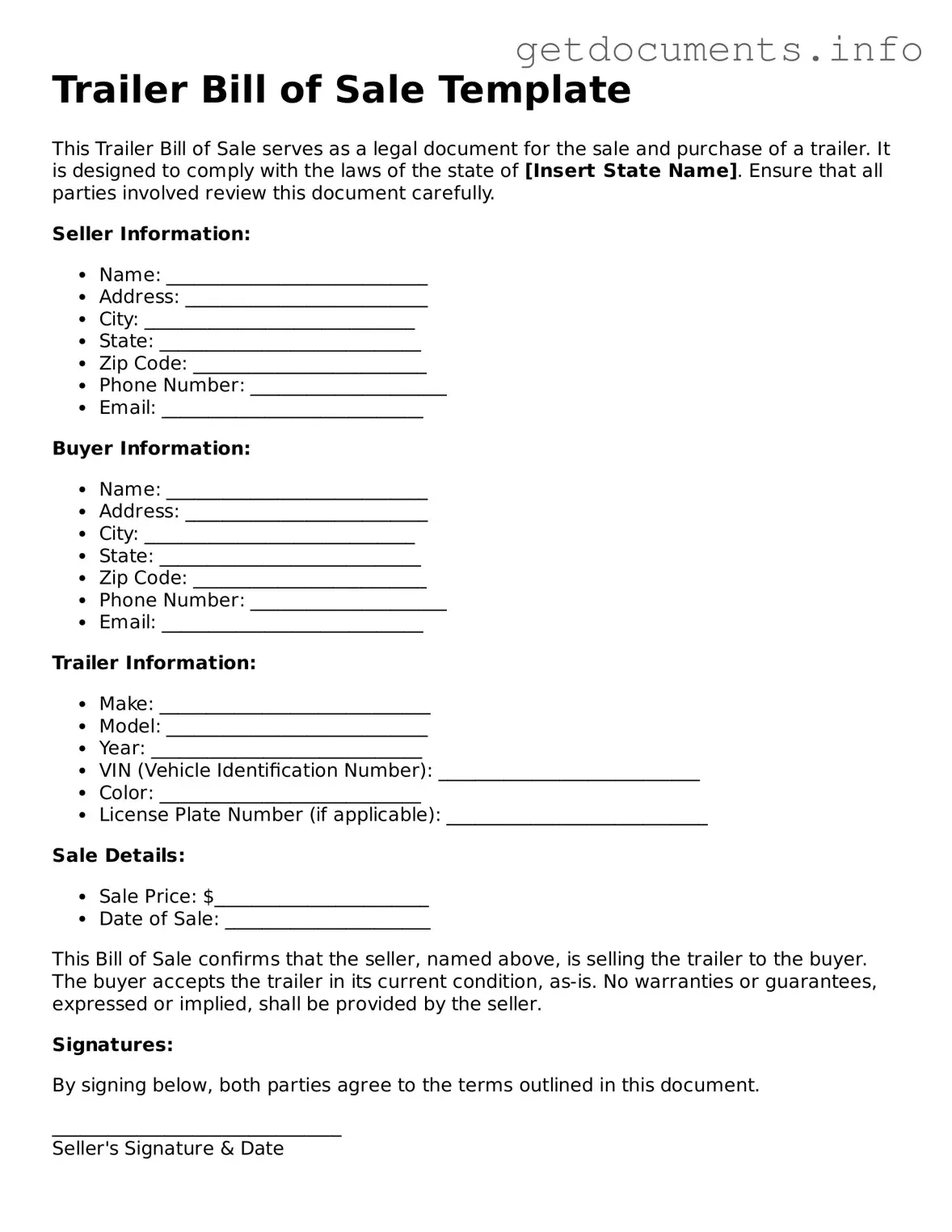 Printable Trailer Bill of Sale Document