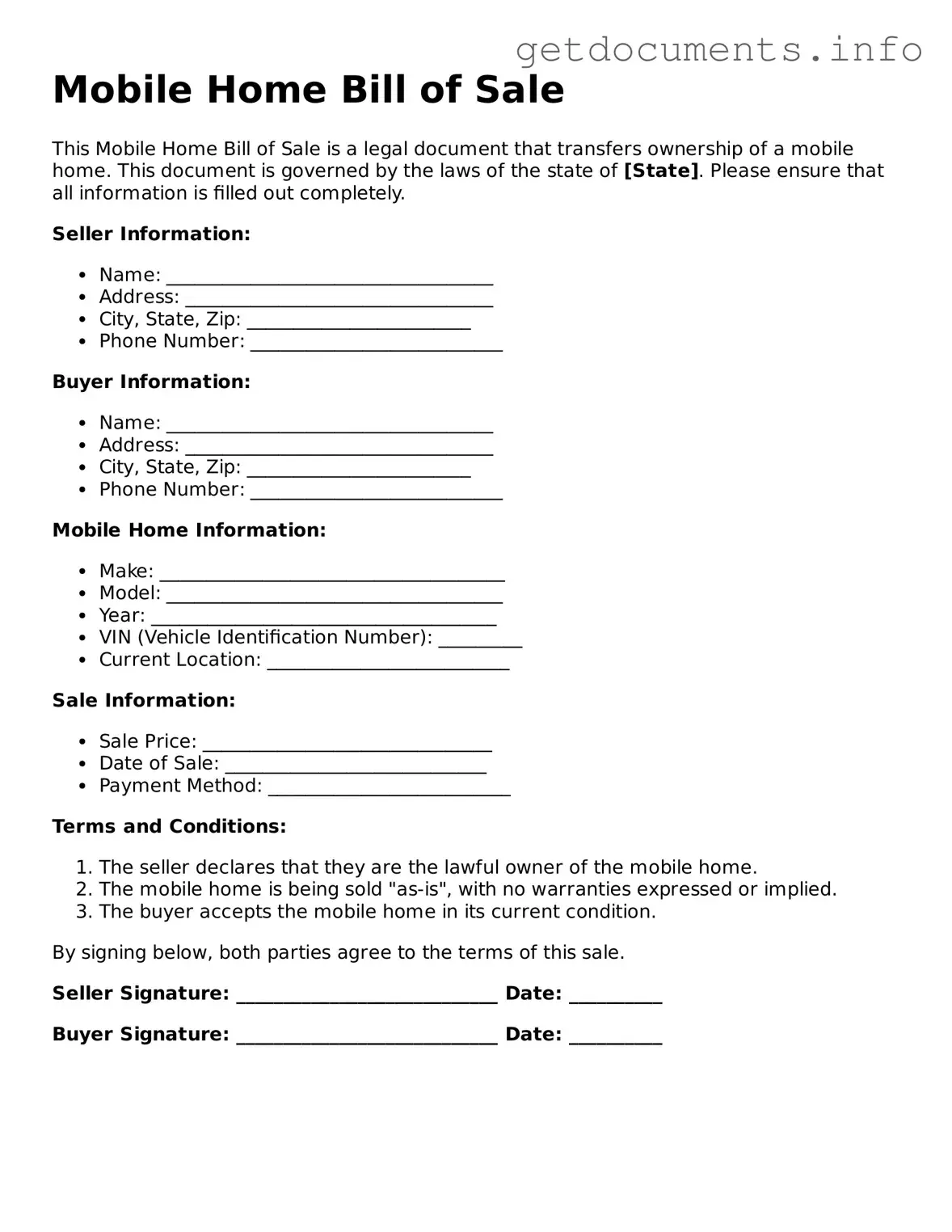 Printable Mobile Home Bill of Sale Document