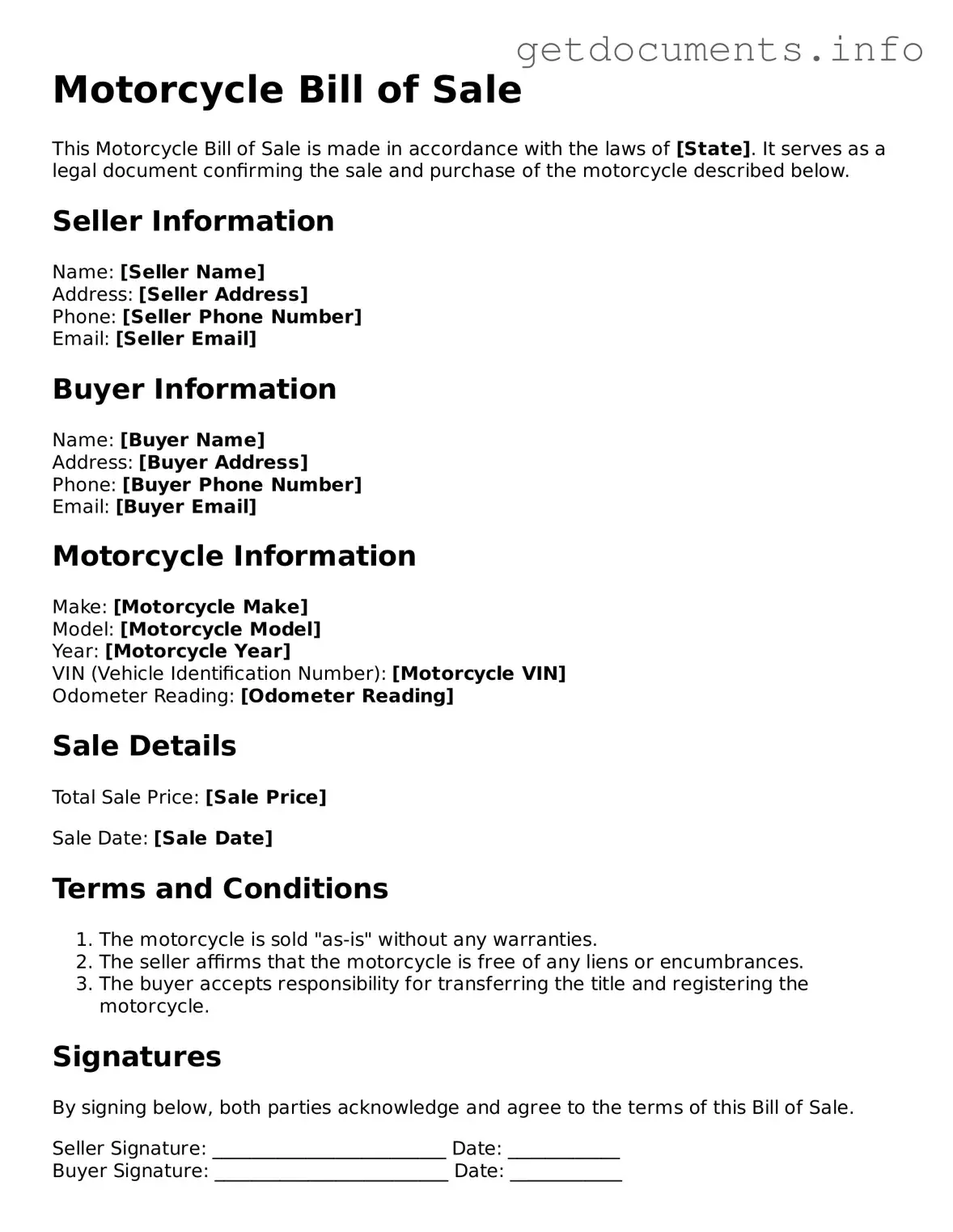 Printable Motorcycle Bill of Sale Document