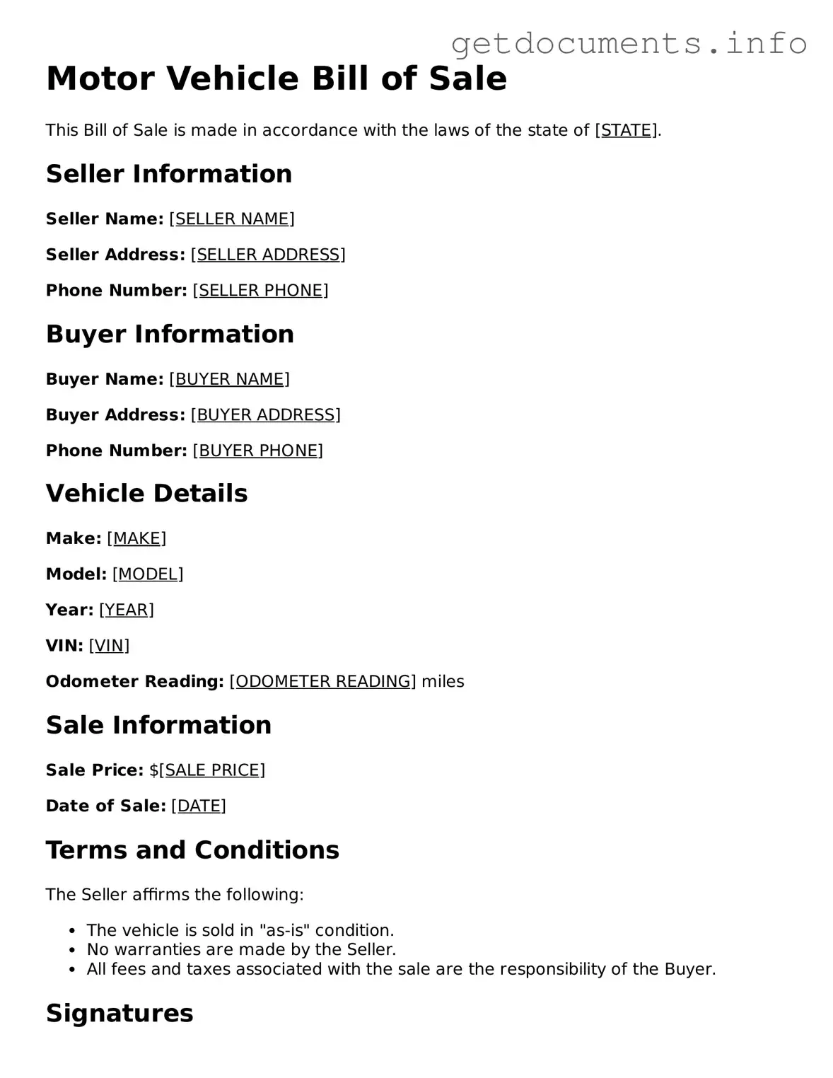Printable Motor Vehicle Bill of Sale Document
