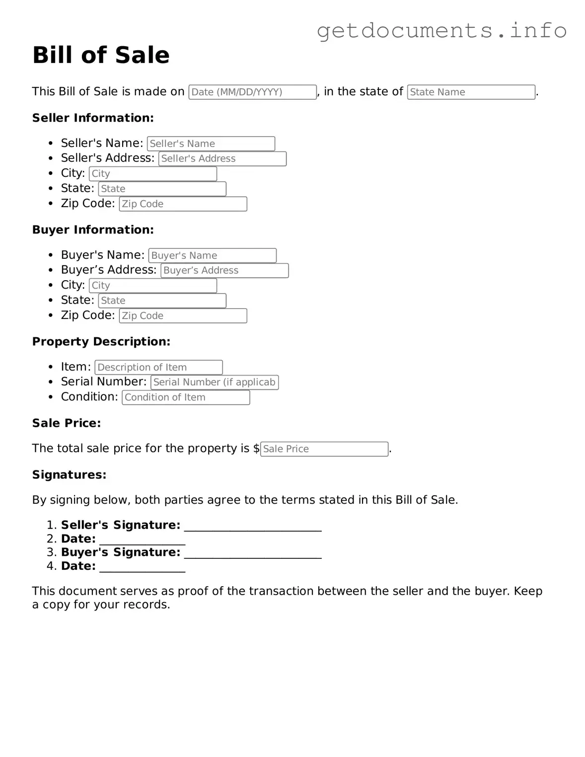 Printable Bill of Sale Document