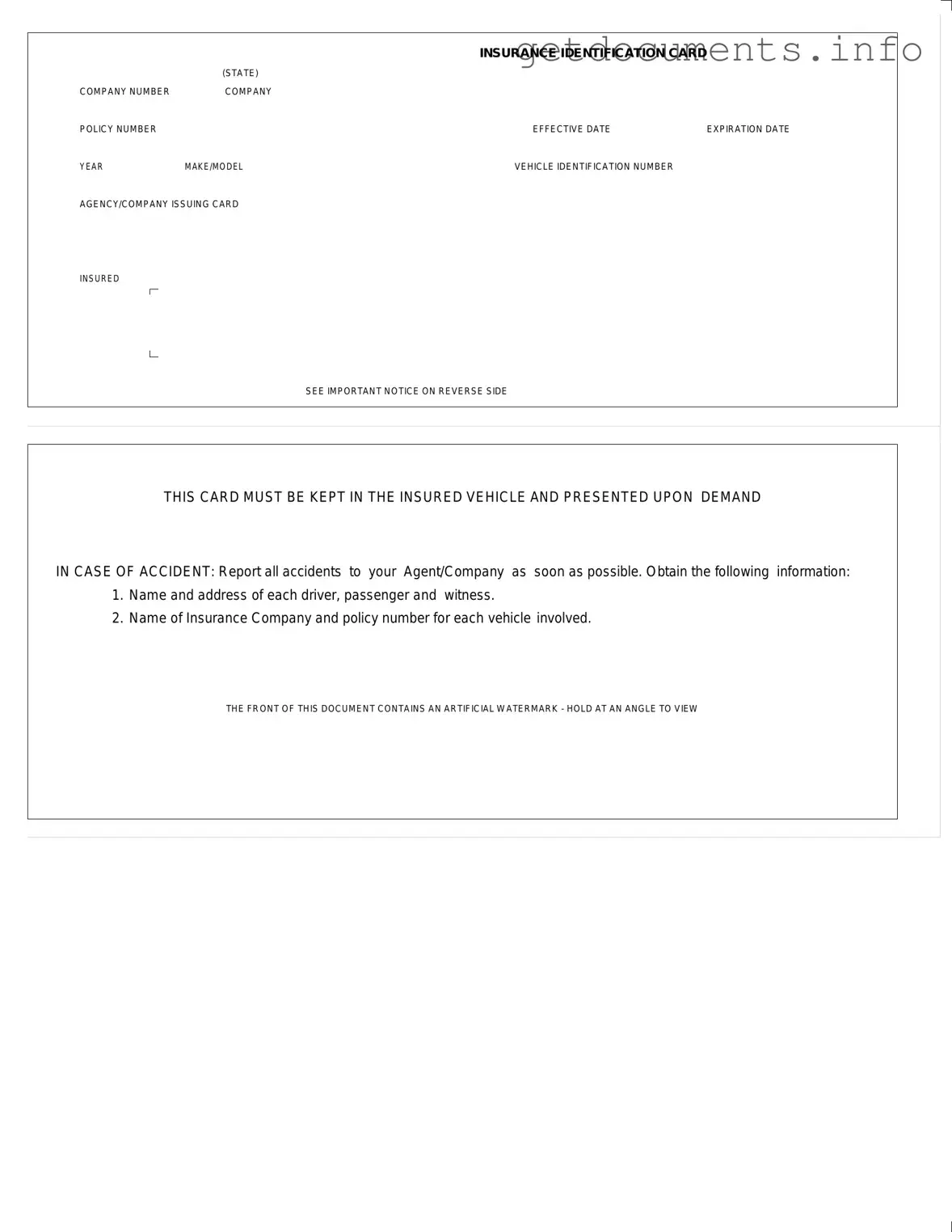 Official Auto Insurance Card Form