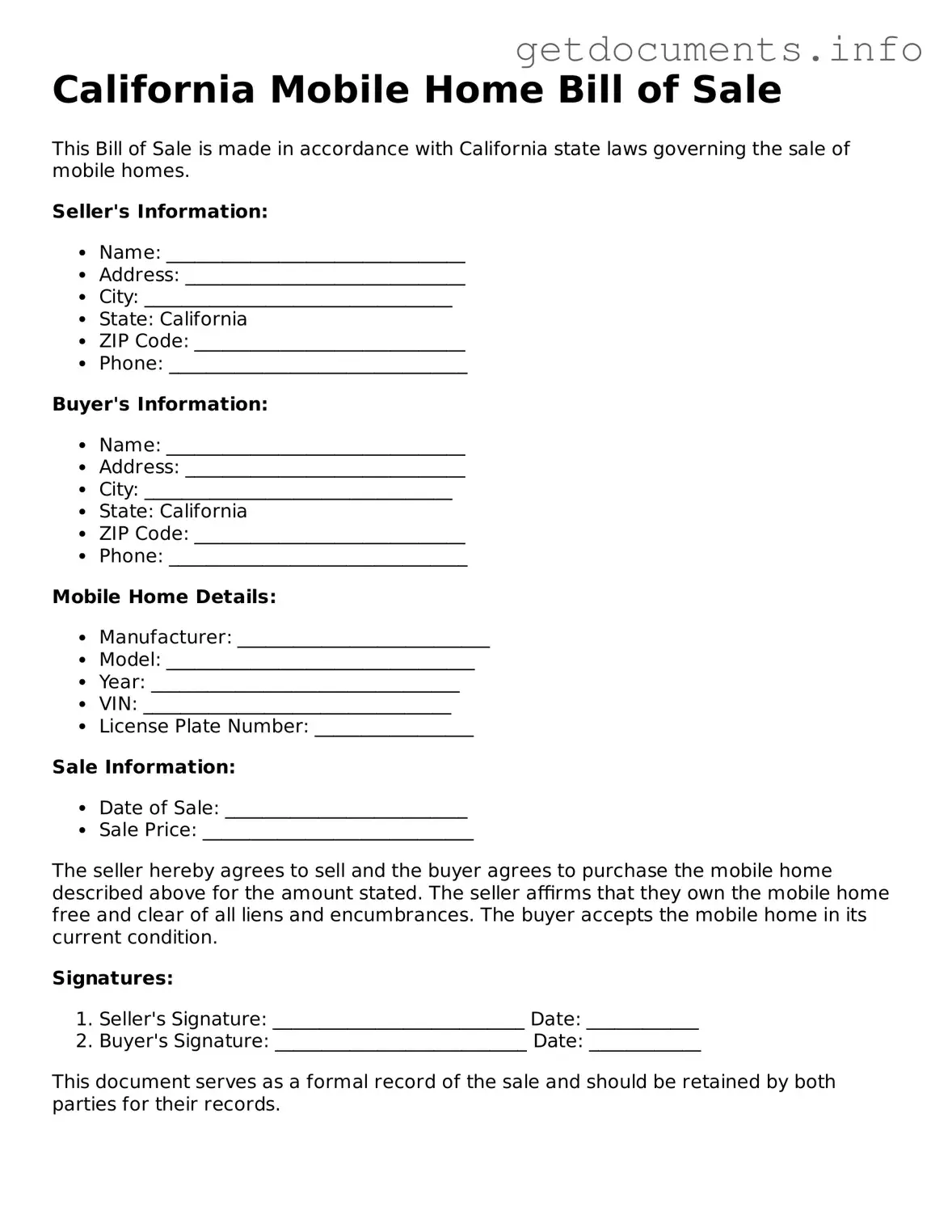 Free Mobile Home Bill of Sale Template for California