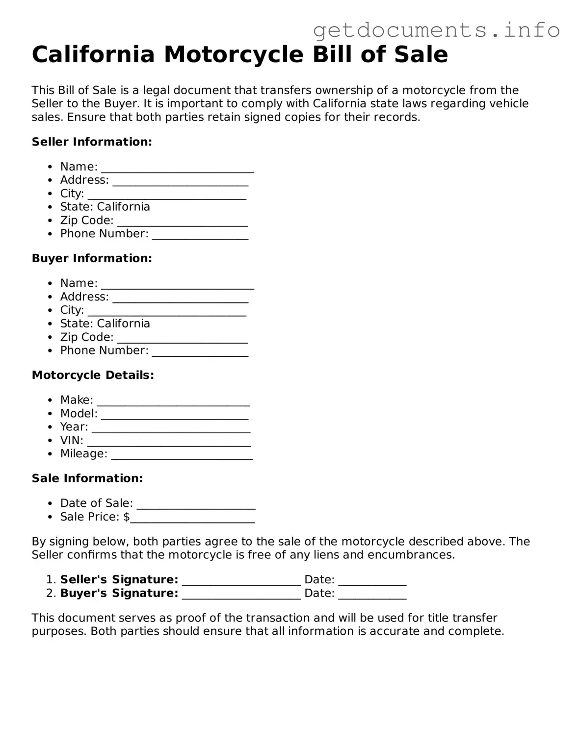 Free Motorcycle Bill of Sale Template for California