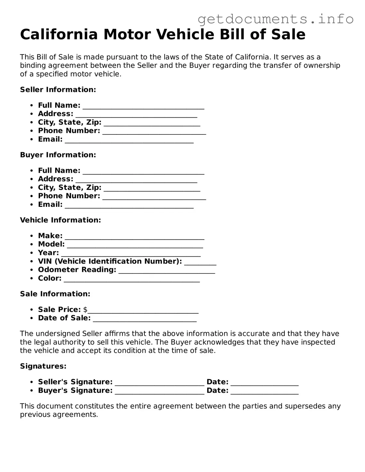 Free Motor Vehicle Bill of Sale Template for California