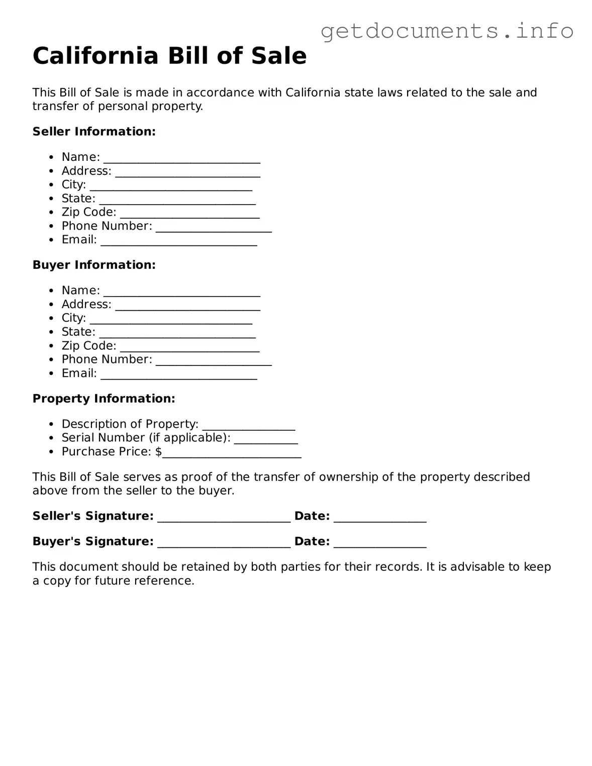 Free Bill of Sale Template for California