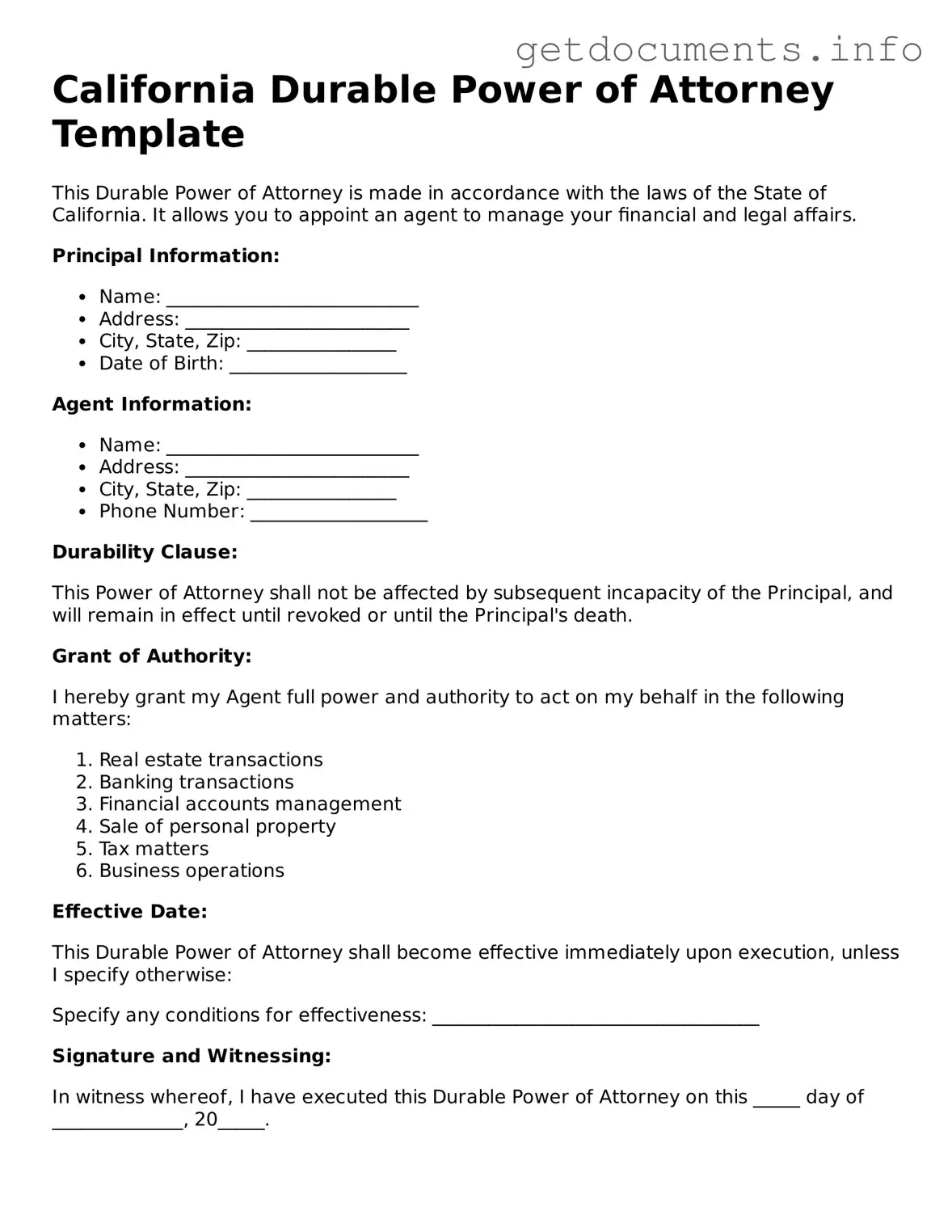 Free  Durable Power of Attorney Template for California